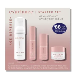 EXUVIANCE AGE REVERSE  Anti Aging Skin Care Set - Mini Starter Kit Includes: Exfoliating Face Wash, Anti-Wrinkle Serum, Brightening Eye Contour, Firming Face Cream, for Wrinkles and Fine Lines - 4 ct