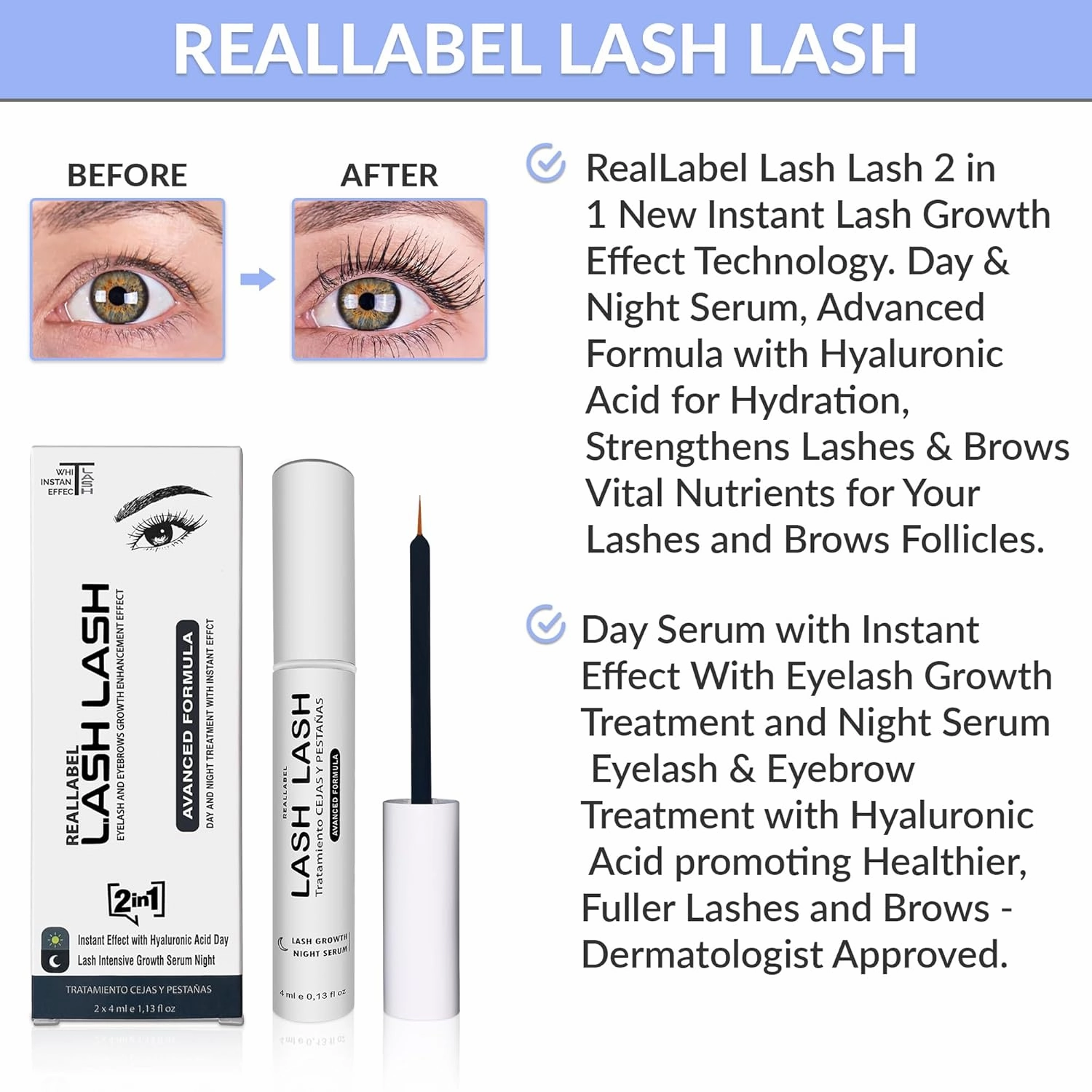Eyelash Serum With Hyaluronic Acid-Eyebrow And Eyelash Growth Serum, 2 In 1 Instant Lash Lift Serum Without Prostaglandin Grow Eyebrows Fast And Thicker-Day And Night Eyelash Growth Serum (2x4ml)