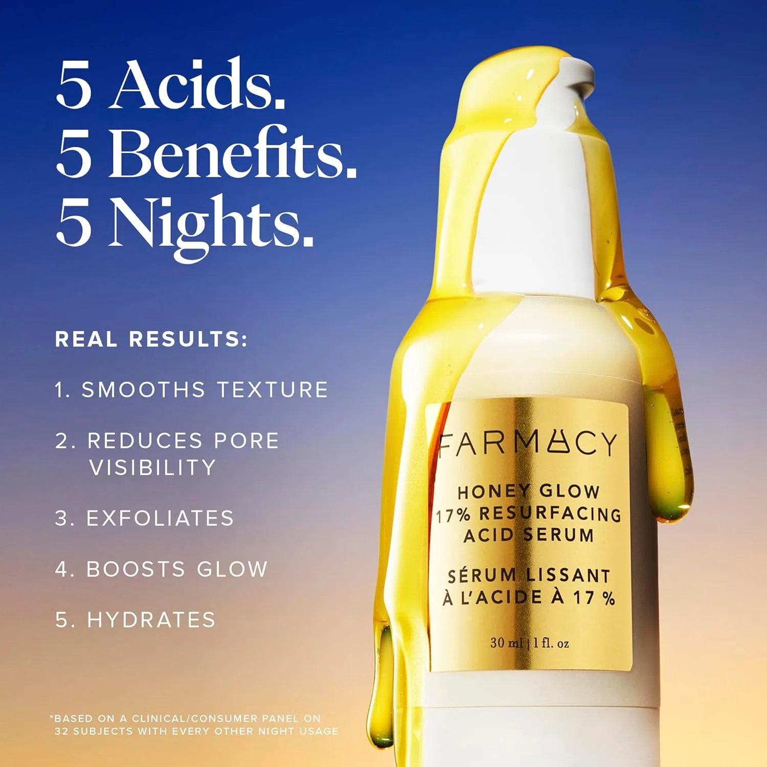 Farmacy Face Exfoliator Serum - Honey Glow 17% AHA   BHA Liquid Exfoliant & Salicylic Acid Serum - Resurfacing Skin Care for Reduced Pores   Texture - Hydrates Skin for an Overall Glow (30ml)