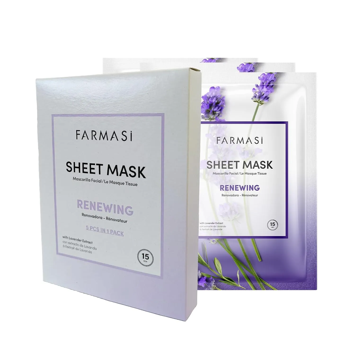 FARMASi Lavender Refreshing Sheet Mask Set – 5 pcs – Soothing and Hydrating Fabric Face Masks for Relaxed, Revitalized, and Soft Skin – Weekly Skincare for Women and Men