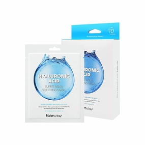FARMSTAY Hyaluronic Acid Super Aqua Soothing Mask - Deep Hydration & Skin Calming Sheet Mask with Hyaluronic Acid - Moisturizing Care for All Skin Types, 0.84 fl.oz*10 Sheets