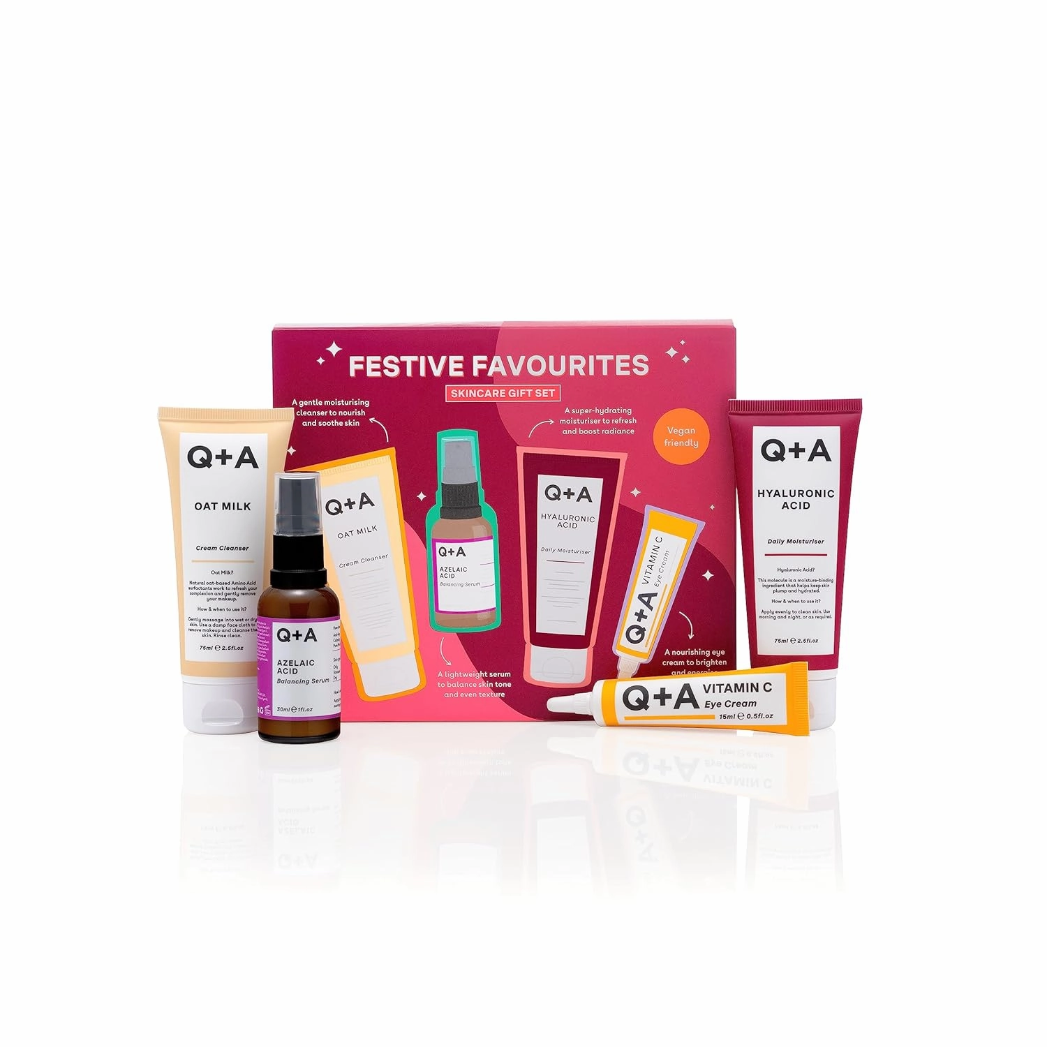 Festive Favourites Gift Set, containing a Hyaluronic Acid Moisturiser (75ml), an Oat Milk Cream Cleanser (75ml), an Azelaic Acid Serum (30ml), and a Caffeine Eye Serum (15ml)