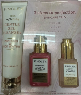 Findley gentle gel cleanser with peptides & rice water & vitamin C, Rose & Squalene hydrating face serum & Vitamin C & Banana eye brightening eye serum. No skin bleaching agent 7 fl oz