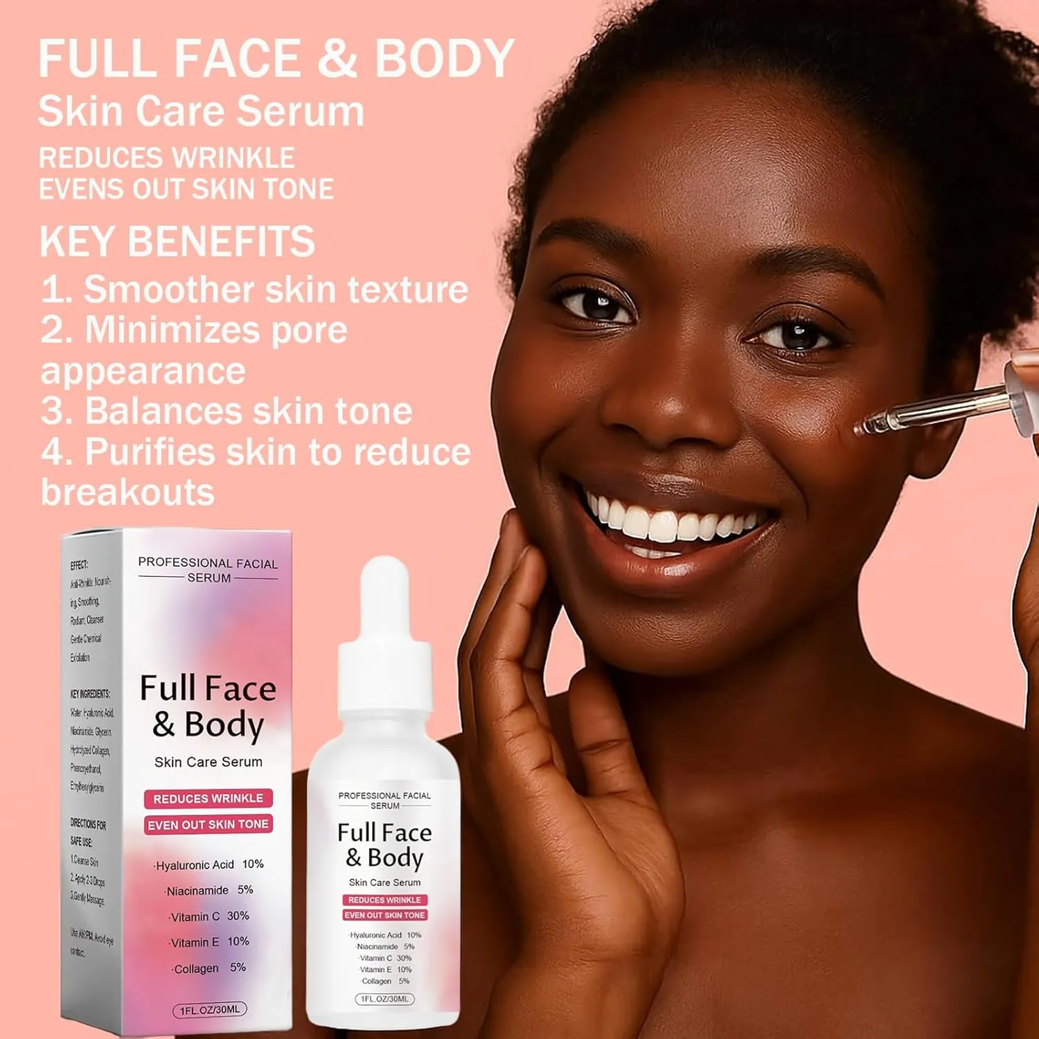 Finones Skin Vitamin Serum for Face & Body, 5 in 1 Anti Wrinkle Firming Serum, Anti-Aging Essence with Hyaluronic Acid, Collagen, Lifting Firming Essence, Hydrate Moisturize, Reduce Fine Lines