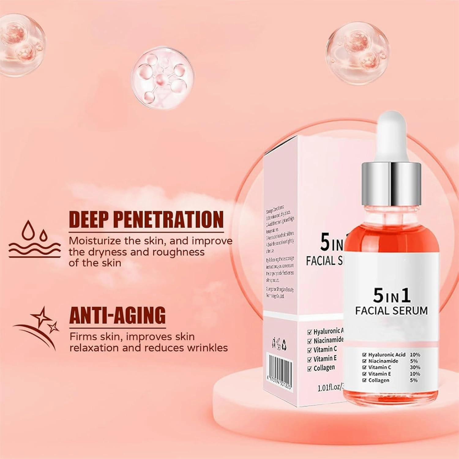 Finones Skin Vitamin Serum, 5 in 1 Anti Wrinkle Firming Serum, Anti-Aging Moisturizer for Women, Lifting Firming Essence with Hyaluronic Acid, Reduce Fine Lines (2pcs)