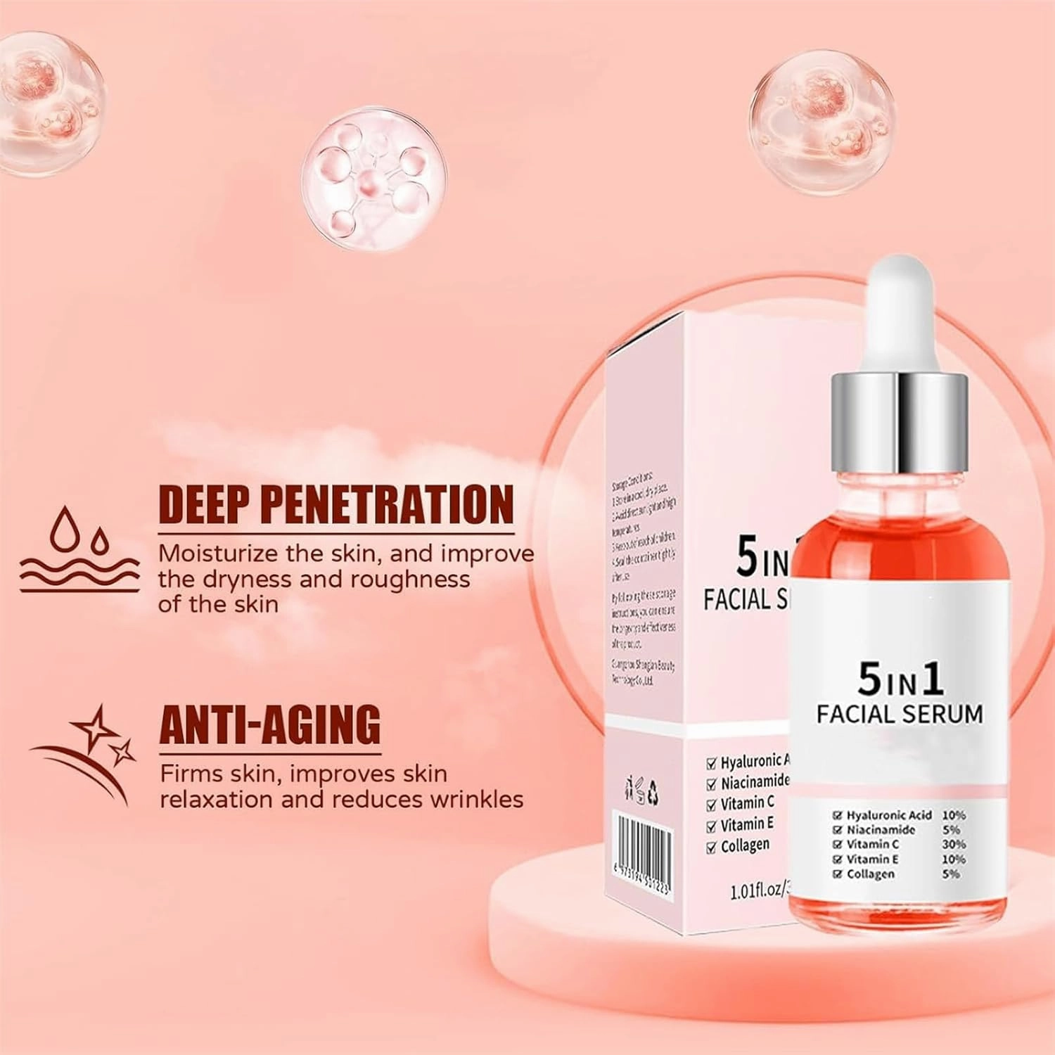 Finones Skin Vitamin Serum, 5 in 1 Anti Wrinkle Firming Serum, Anti-Aging Moisturizer for Women, Lifting Firming Essence with Hyaluronic Acid, Reduce Fine Lines (3pcs)