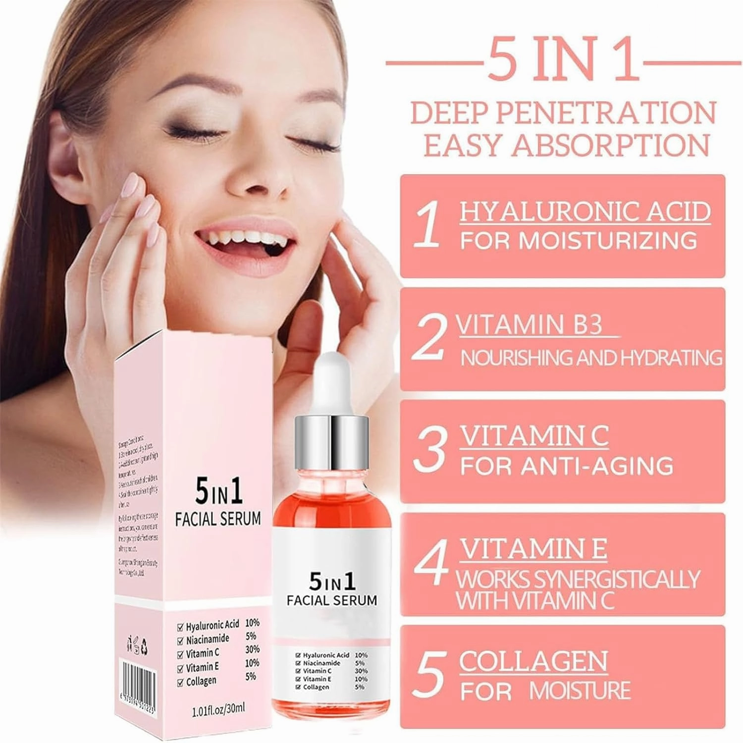 Finones Skin Vitamin Serum, 5 in 1 Anti Wrinkle Firming Serum, Wrinkle Lifting and Firming Essence with Hyaluronic Acid, Reduce Fine Lines, Nourishing and Hydrating (2pcs)