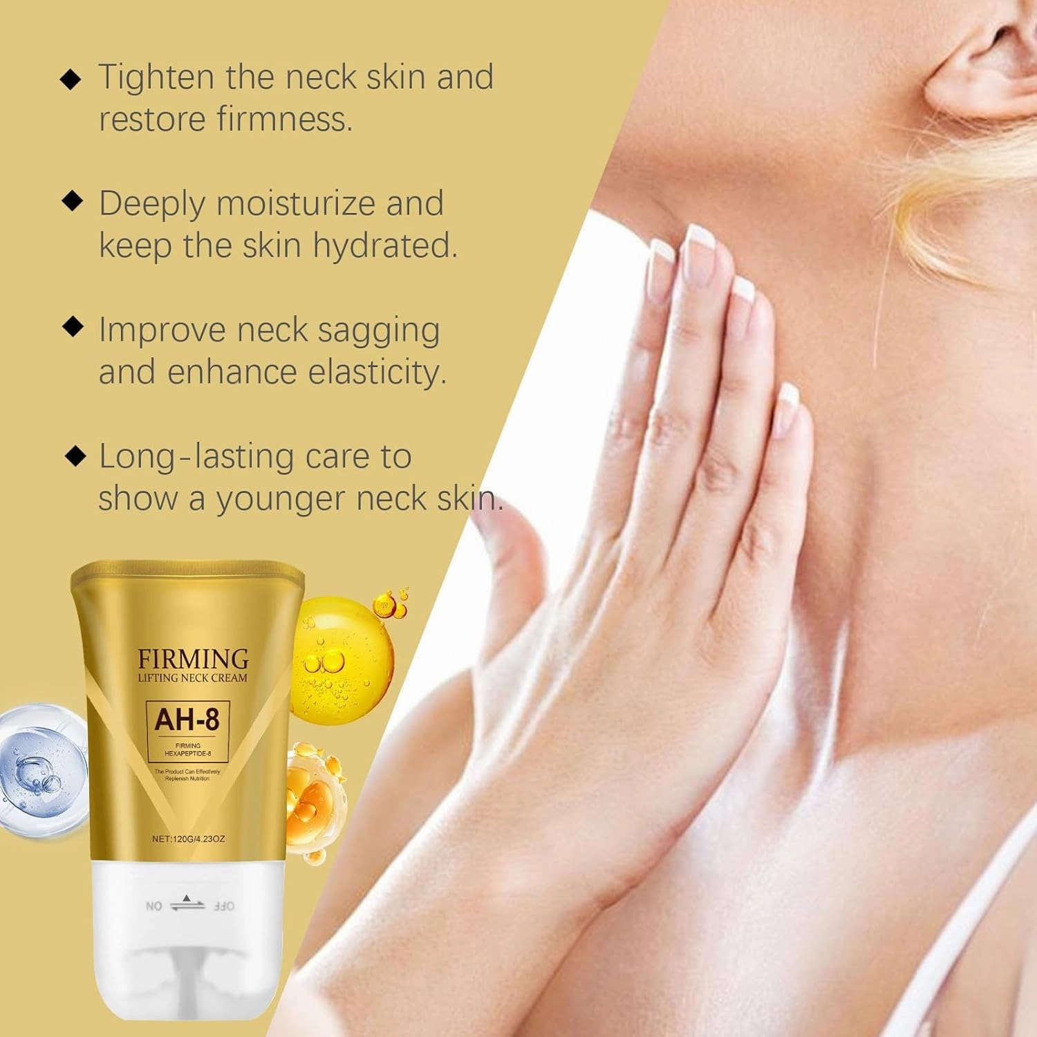 Firming Neck Cream for 𝑪𝒓𝒆𝒑𝒆𝒚 Skin Body Care,Anti-Wrinkle Neck Firming Cream with Roller,Contains Hexapeptide, Moisturizing, Tightening Lotions Cosmetic Skin Care (Gold, 3pc)