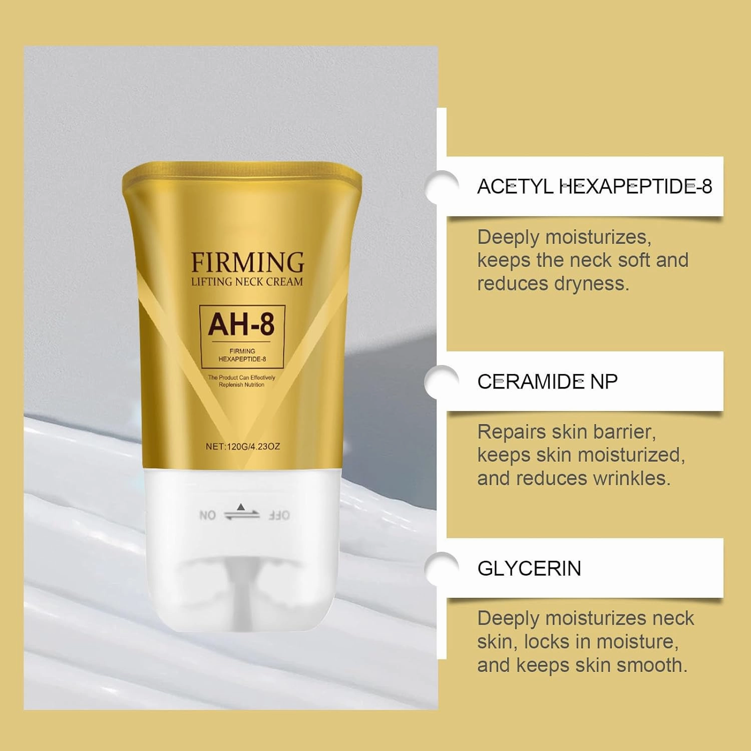 Firming Neck Cream for 𝑪𝒓𝒆𝒑𝒆𝒚 Skin Body Care,Anti-Wrinkle Neck Firming Cream with Roller,Contains Hexapeptide, Moisturizing, Tightening Lotions Cosmetic Skin Care (Gold, 3pc)