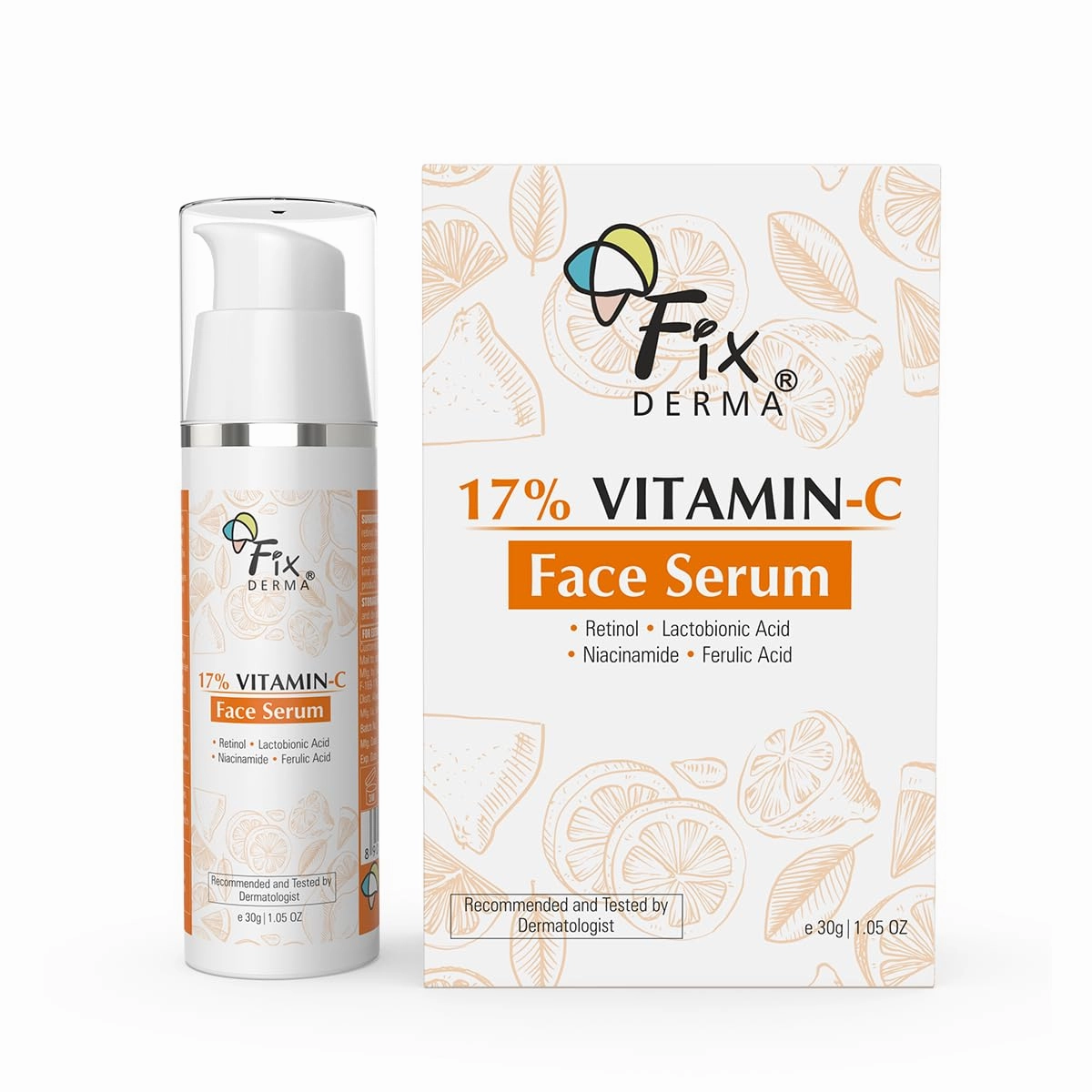 Fixderma 17% Vitamin C Face Serum for Glowing Skin | Retinol Face Serum | Skin Brightening Vit C Serum for Women and Men | Anti Aging Night Face Serum | Niacinamide Serum - 30g