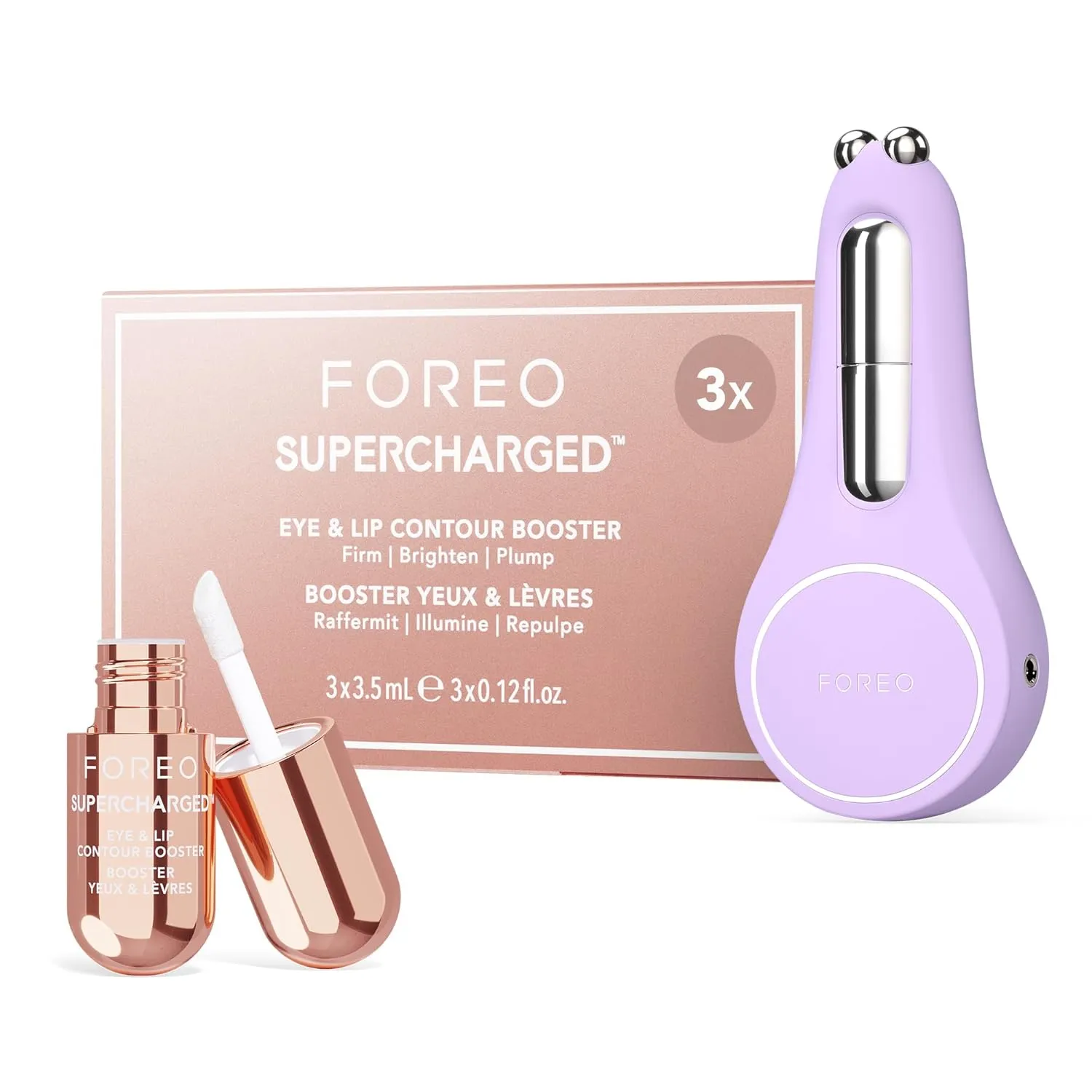 FOREO BEAR 2 Eyes & Lips Bundle - Microcurrent Smoothing Device   SUPERCHARGED Eye & Lip Contour Booster Serum (3x0.1 oz) - Under Eye Care & Facial Massager - Lavender