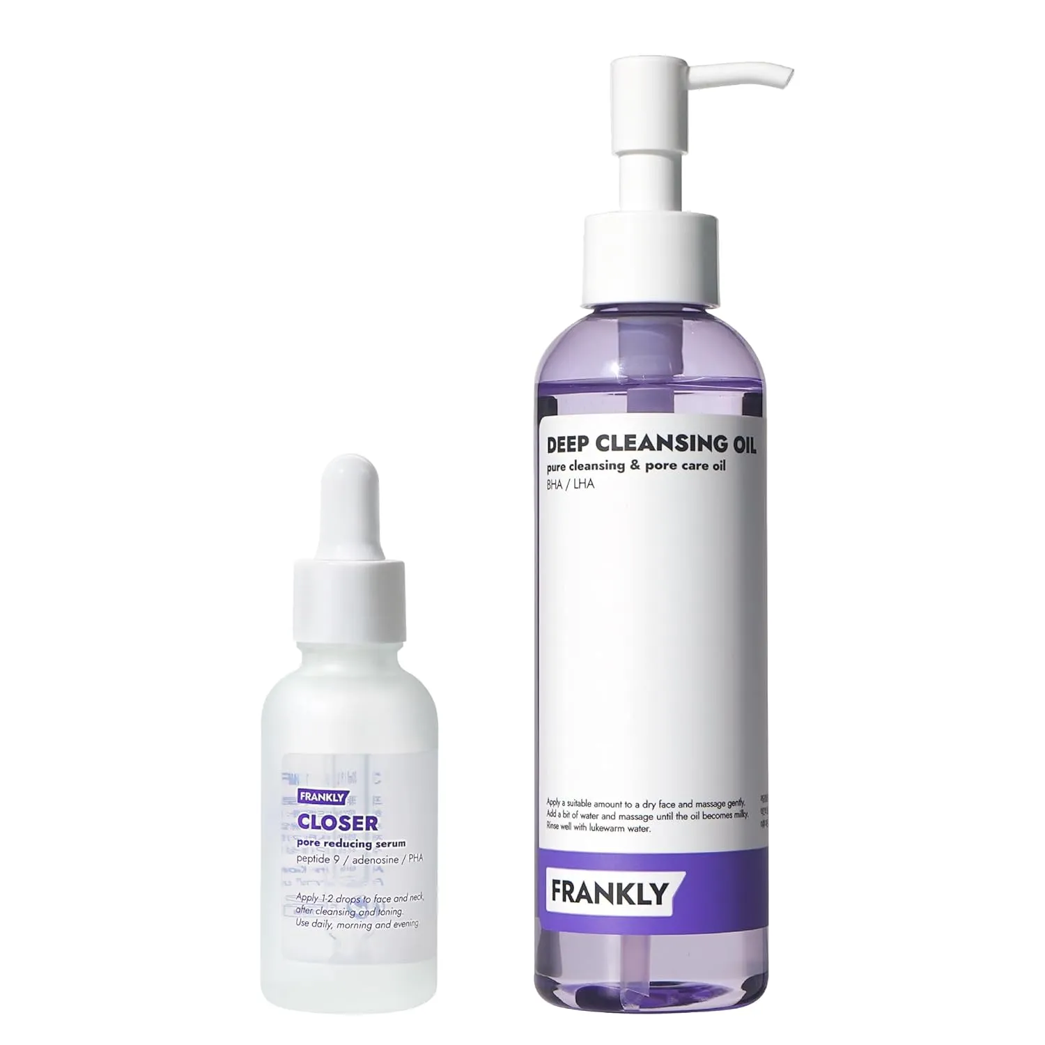 FRANKLY Deep Pore Treatment Duo : Closer Serum & Pore Cleansing Oil Set | BHA & LHA Purifying Cleanser   9 Peptide Pore Minimizing Serum | Hydrating & Anti-Aging, Vegan | Korean Skincare set