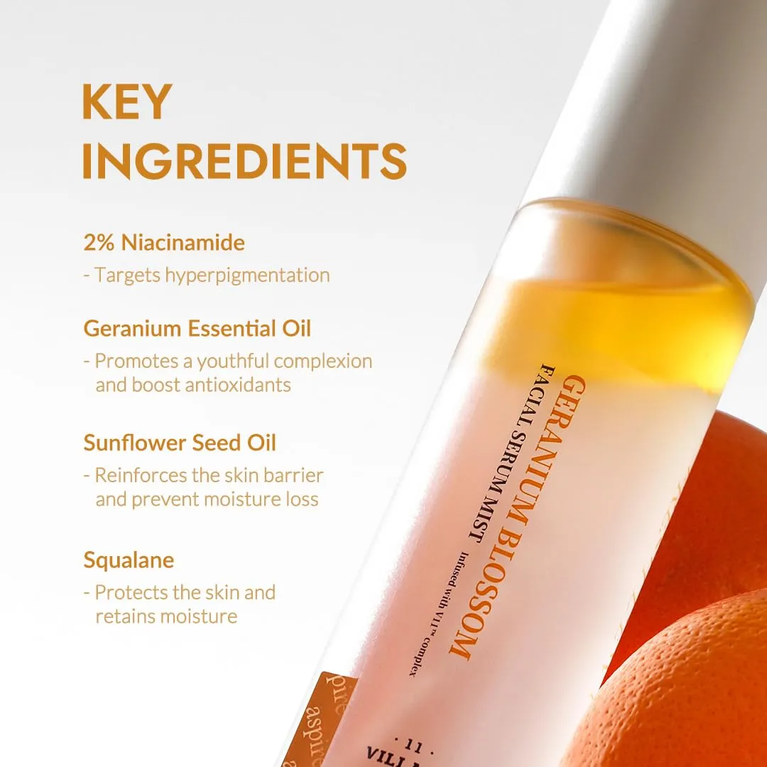 Fresh Dewy Geranium Blossom Facial Serum Mist with Sunflower Oil Jojoba Oil & Squalane Korean Face Spray for Deep Hydration Skincare on the Go 3.38 oz