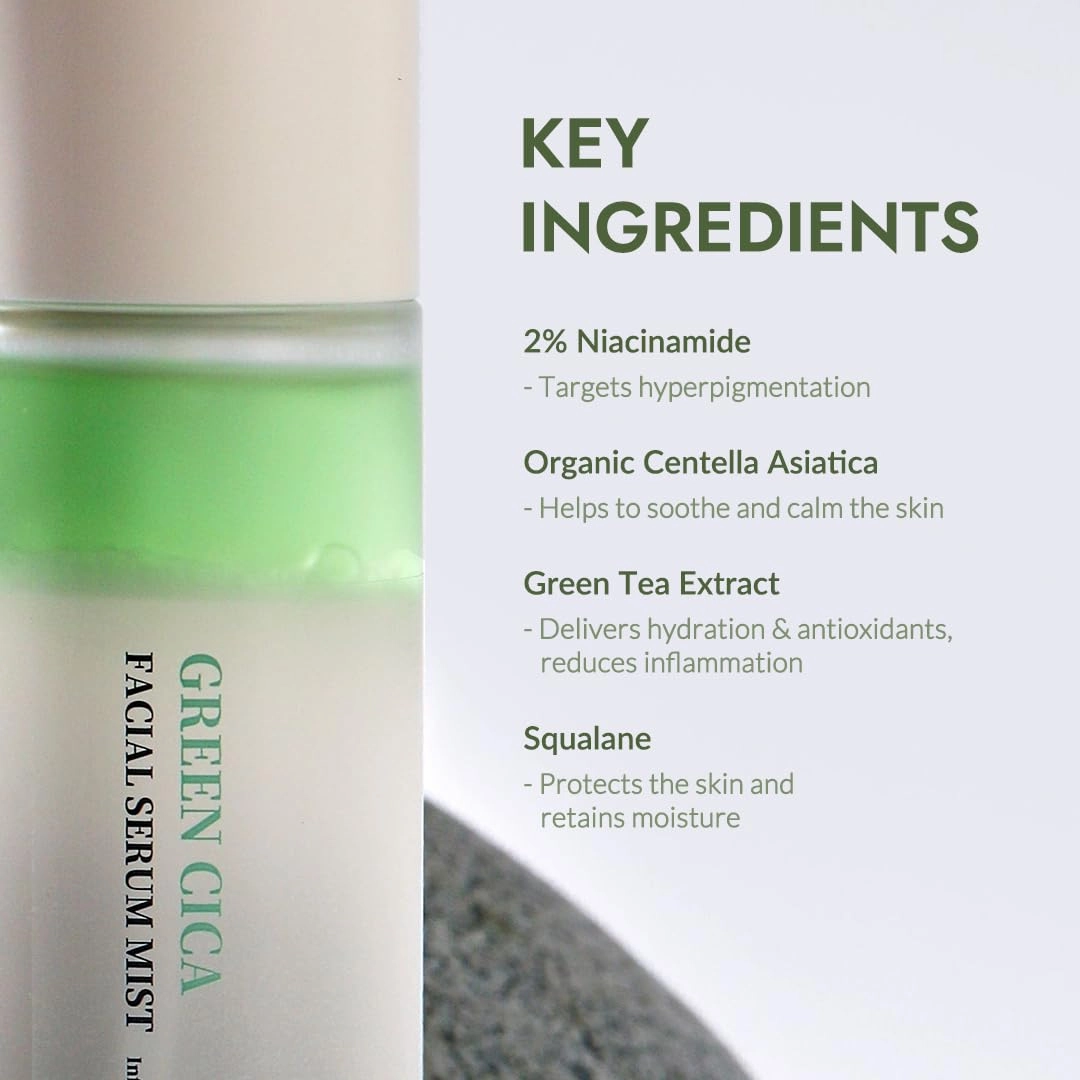Fresh Dewy Green Cica Facial Serum Mist Korean Face Spray for Deep Hydration Skincare on the Go 3.38 oz
