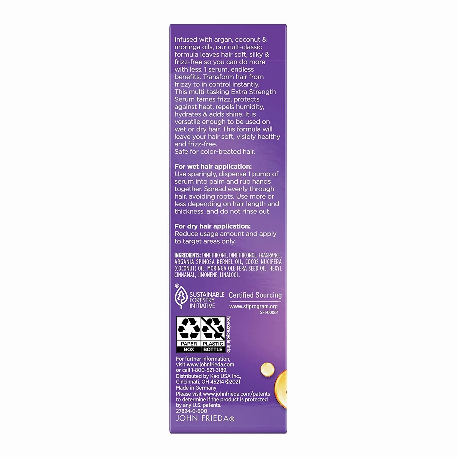 Frizz Ease Extra Strength Hair Serum, Instantly Smooths for Healthy, Hydrated, Frizz-Free Hair, for Thick and Coarse Hair, with Argan, Coconut, and Moringa Oil for Heat Protection, 1.69 Oz