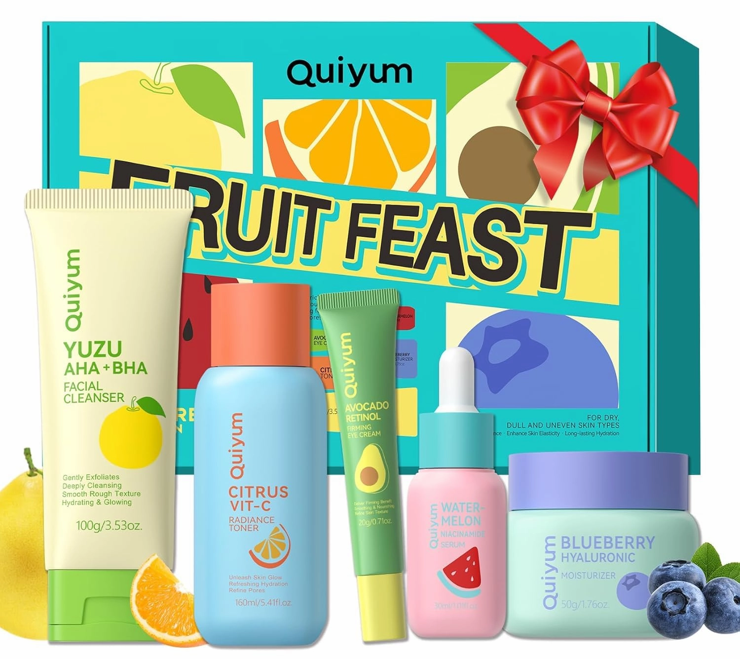 Fruit Skin Care for Teens, 5 Daily Routine Beauty Skin Care Sets - Exfoliation, Smooth, Clean, Oil Control, Firm, Hydrate, Glow Up, Skincare Gift Set for Girls Women, Travel Set, for All Skin