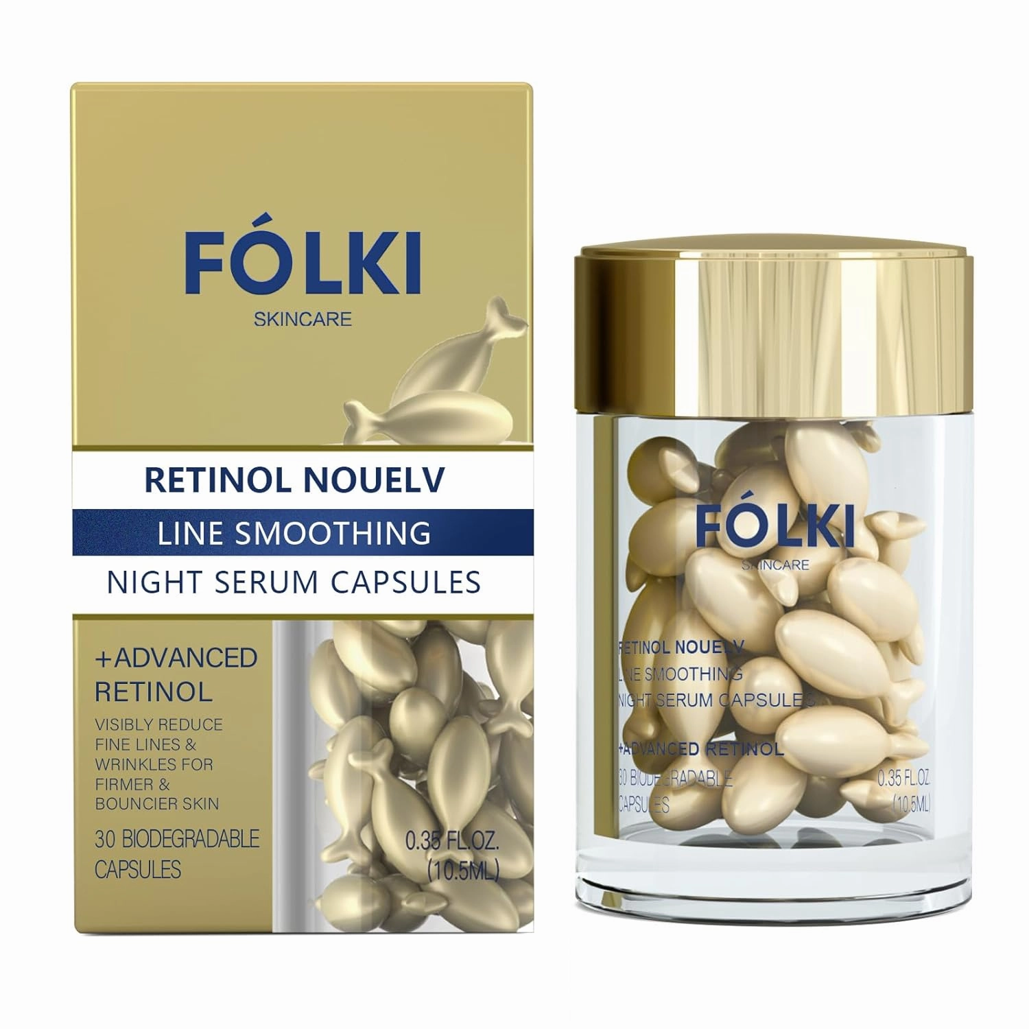 FÓLKI Retinol Anti-Aging Wrinkle Night Serum,Daily Line Smoothing Skin Care Treatment for Fine Lines, Post-Acne Scars, 30 Individual Capsules, Unscented, 0.35 Fl Oz