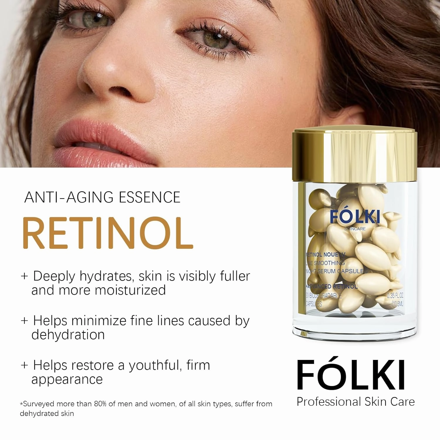 FÓLKI Retinol Anti-Aging Wrinkle Night Serum,Daily Line Smoothing Skin Care Treatment for Fine Lines, Post-Acne Scars, 30 Individual Capsules, Unscented, 0.35 Fl Oz