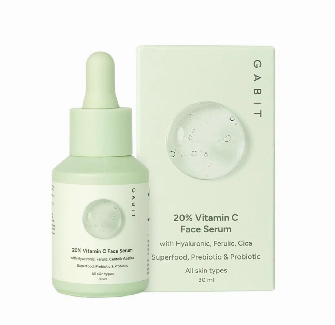 Gabit 20% Vitamin C Face Serum for Glowing Skin | Brightening Serum for Dark Spots, Dull Skin, Tanned Skin | Improves Wrinkles | Hyaluronic, Ferulic, CiCa, Prebiotic, Probiotic | Oil & PEG free |30 ml