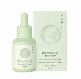 Gabit 20% Vitamin C Face Serum for Glowing Skin | Brightening Serum for Dark Spots, Dull Skin, Tanned Skin | Improves Wrinkles | Hyaluronic, Ferulic, CiCa, Prebiotic, Probiotic | Oil & PEG free |30 ml