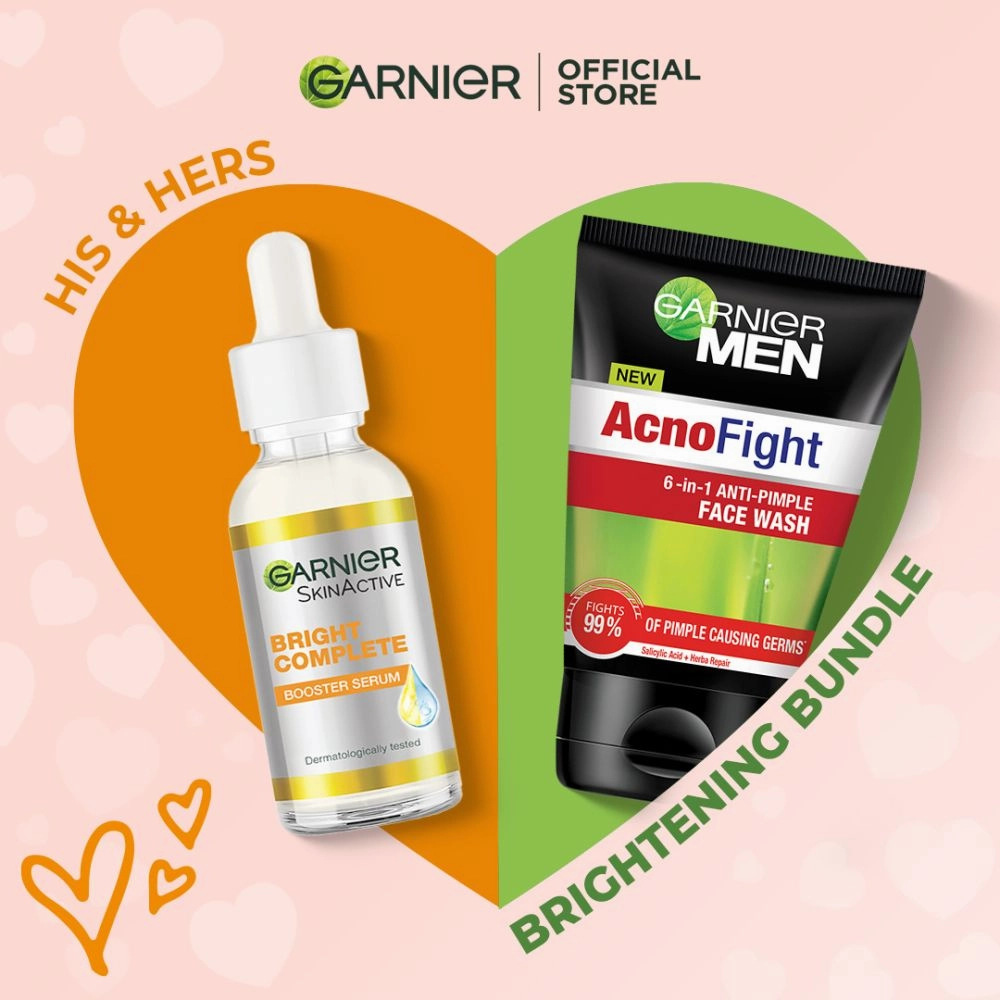 Garnier His & Hers Brightening Bundle - Vitamin C Serum 30ml   Men Acno Fight Facewash 50ml