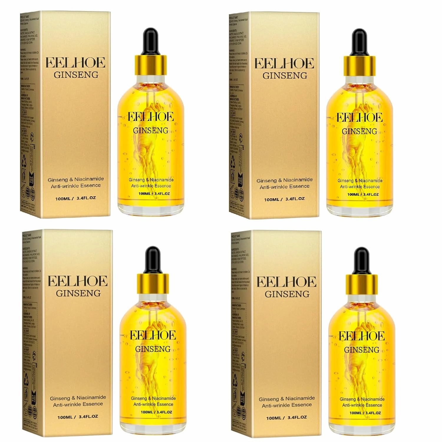 Ginseng & Niacinamide Anti-Wrinkle Essence, Anti-Aging Facial Serum, Hydrating Skin Repair Treatment, Anti-Aging Skin Repair Serum for Lines and Wrinkles (100ml x 4)
