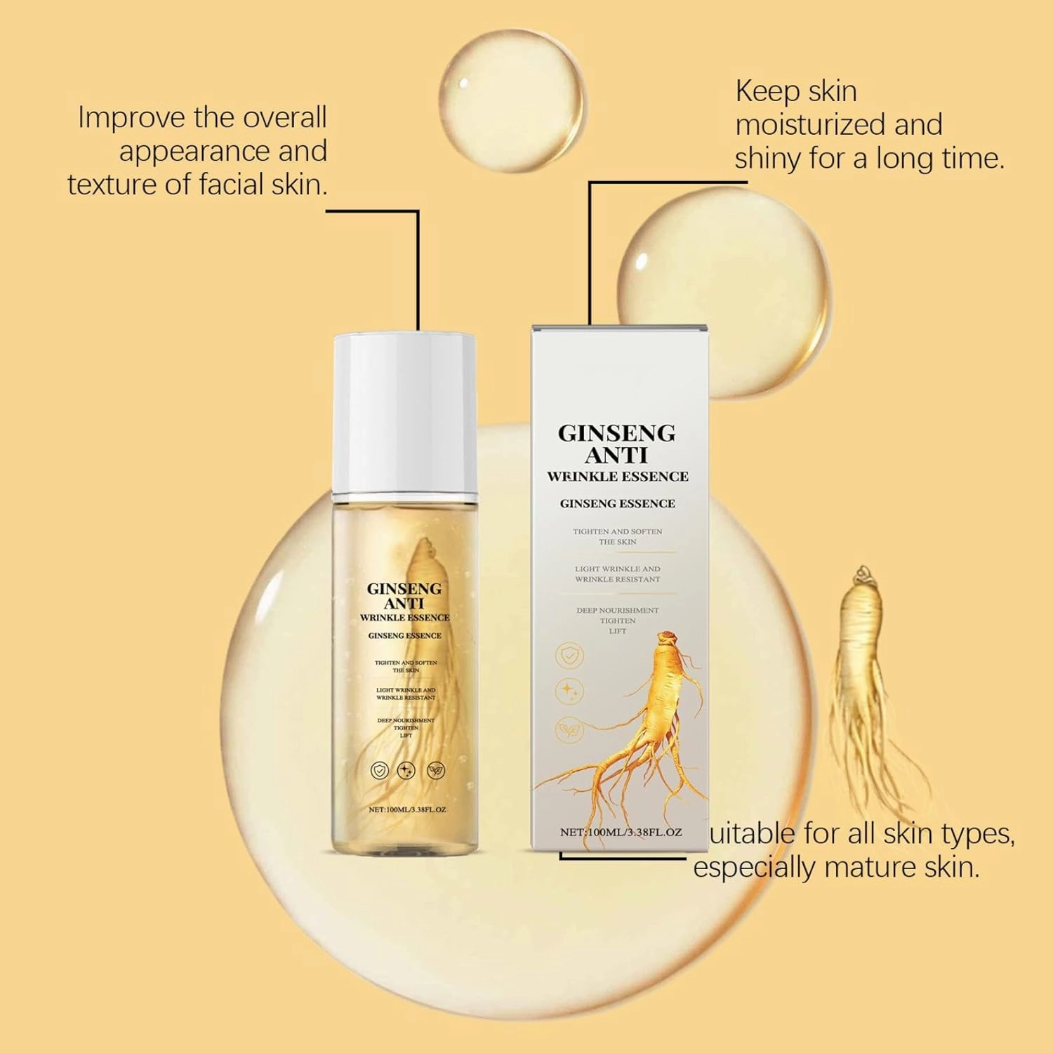 Ginseng Essence Water, Natural Ginseng Anti-Aging Hydrating Essence Water, Ginseng Essence Anti Wrinkle Essence, Ginseng Extract Anti Wrinkle Liquid Serum, Moisture & Wrinkle Care for Skin (100g, 3PC)