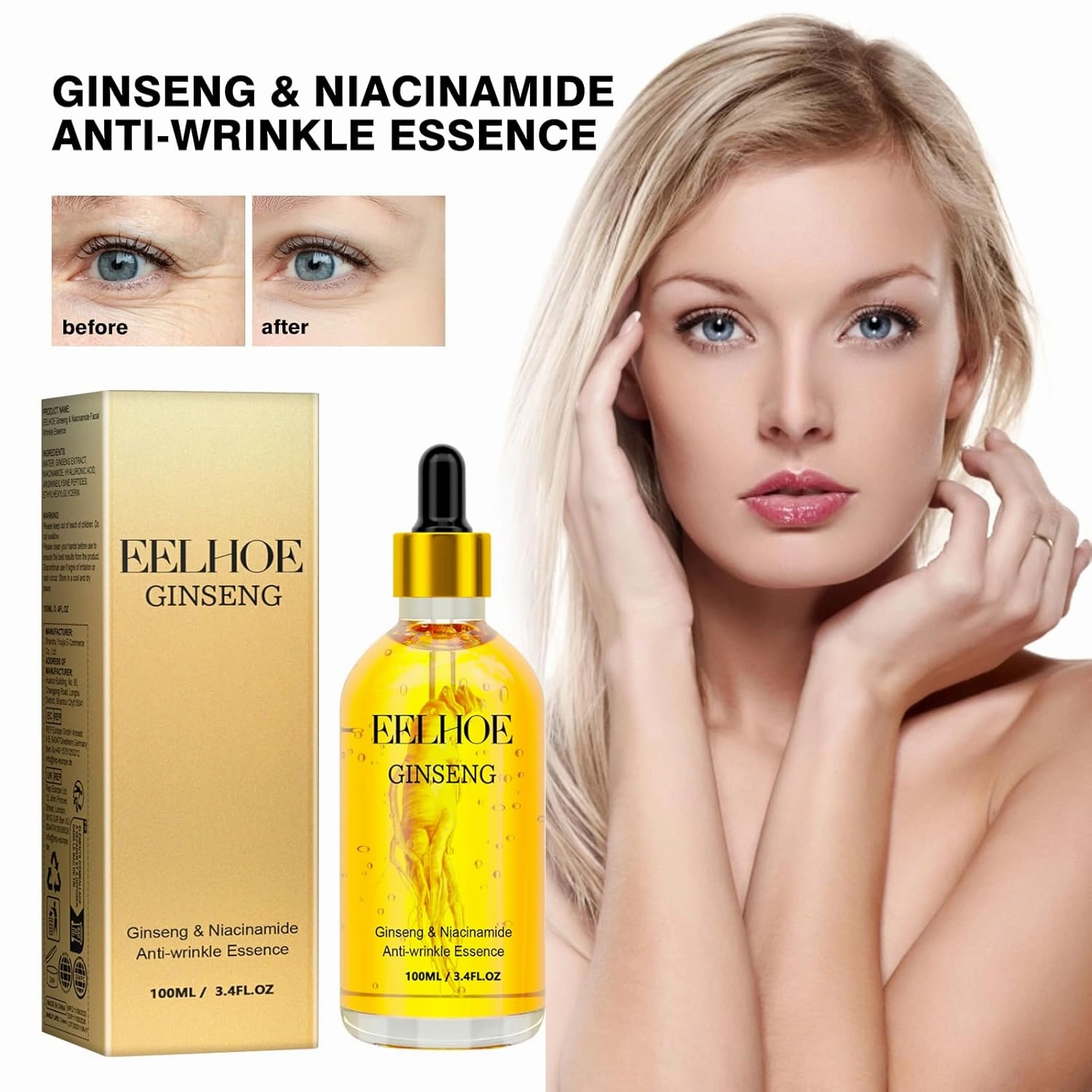Ginseng Serum, EELHOE Ginseng Facial Essence, Ginseng Anti Wrinkle Serum, Ginseng Polypeptide Anti-Ageing Essence, Tighten Moisturizing Smooth Skin Reduce Fine Lines (3PC)