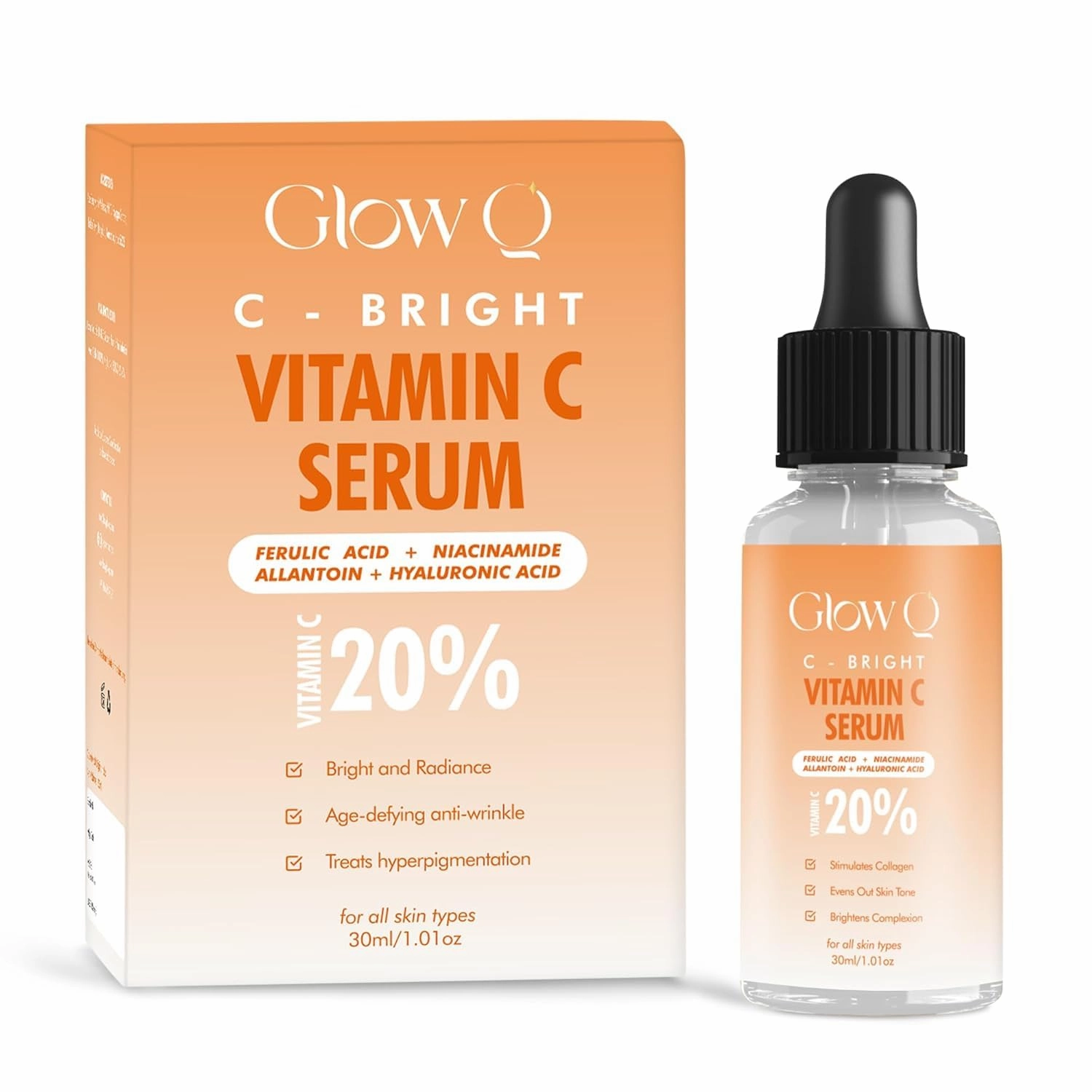 GL-OW, Q Vitamin C Face Serum- 20% Vitamin C Serum for Face with Niacinamide & Hyaluronic Acid to Help Even Out Skin Tone & Brighten Complexion- Vit C Face Serum for Glowing Skin- For All Skin- 30ml