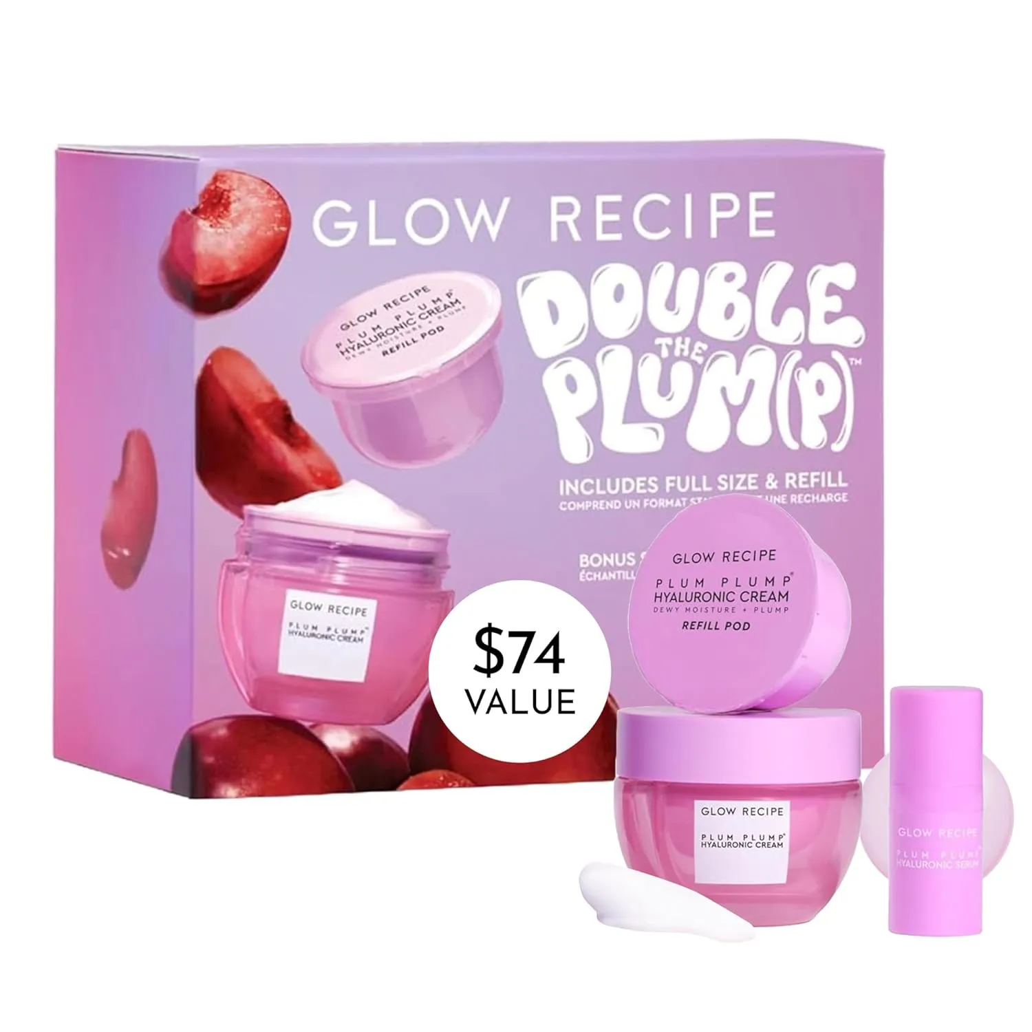 Glow Recipe Double the Plump Korean Skin Care Gift Set - Hyaluronic Acid Whipped Gel Face Cream, Moisturizer Refill Pod   Travel Size Plum Plump Serum for Hydrating Dry Skin (3 Count)