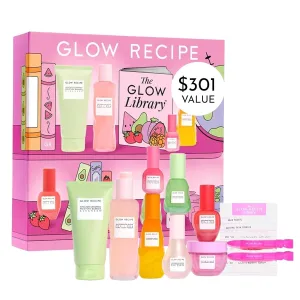 Glow Recipe Library Skincare Gift Set - Avocado Face Wash   Face Serum   Facial Toner   Guava Eye Cream   Hyaluronic Acid Moisturizer   Dew Drops   Strawberry Smooth Serum   2 Hair Clips (10 Count)
