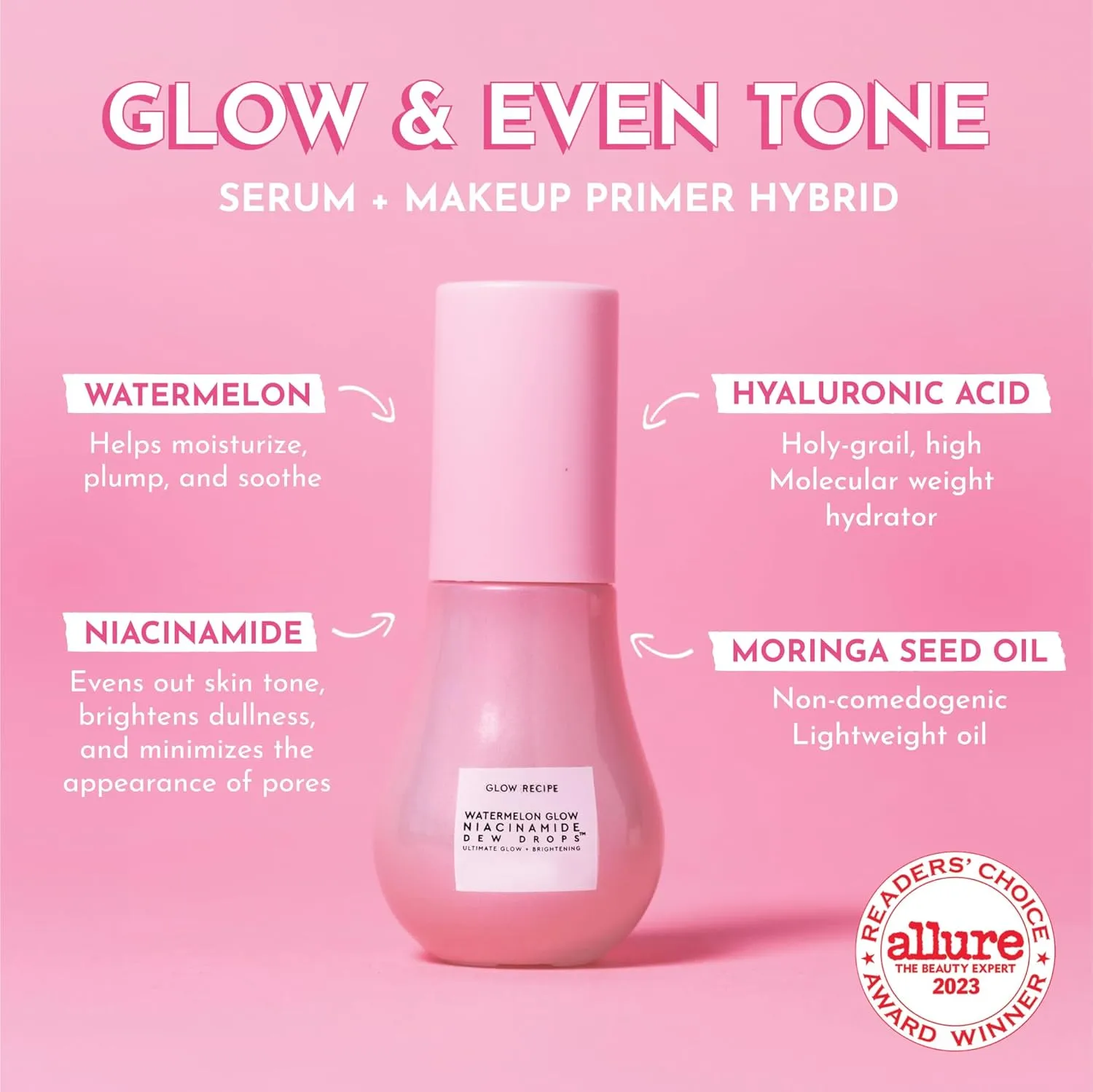 Glow Recipe Watermelon Niacinamide Dew Drops, Travel Size - Brightening, Plumping Hydrating Face Serum, Makeup Primer   Liquid Highlighter with Hyaluronic Acid - Dewy & Glowing Korean Skin Care (15ml)
