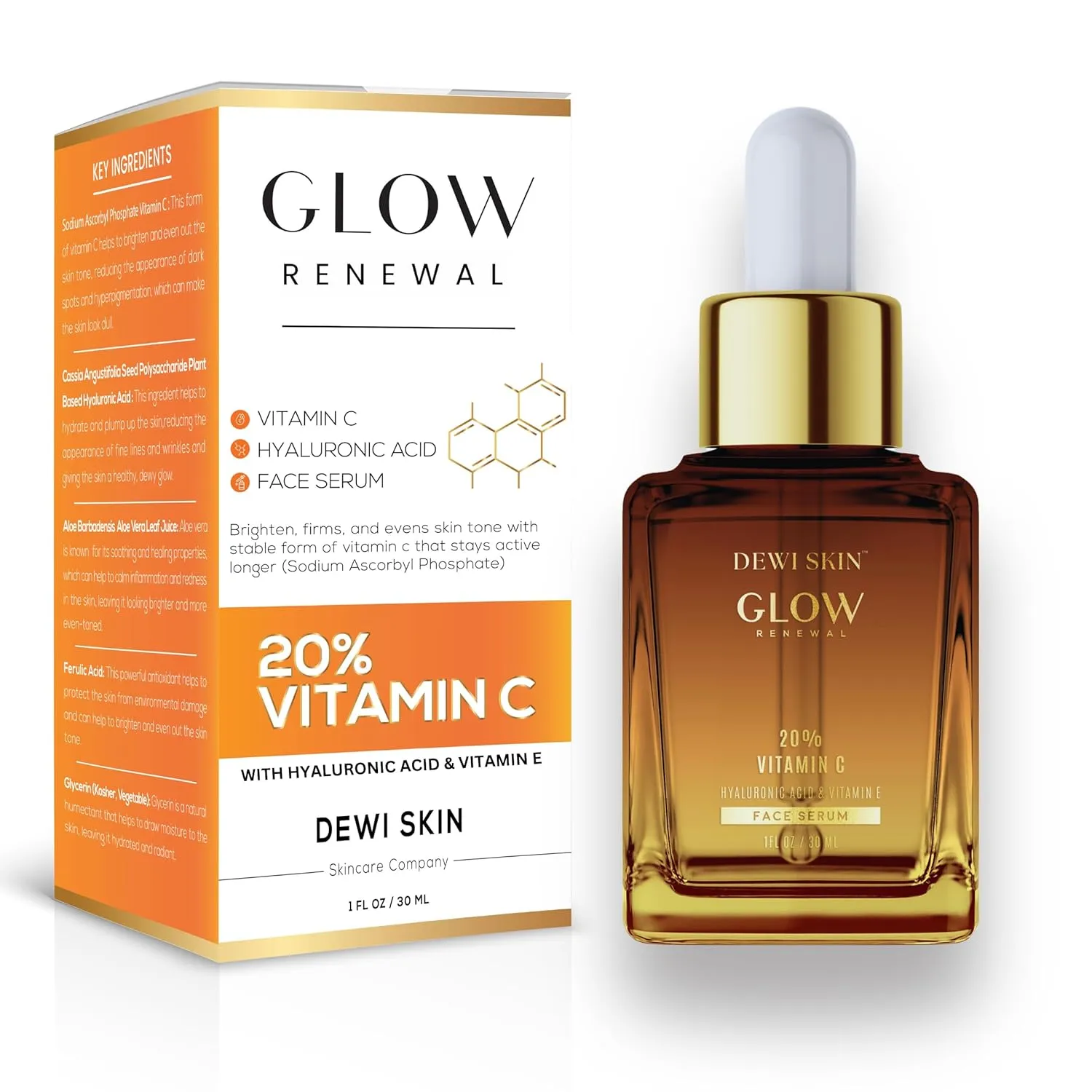 Glow Renewal 20% Vitamin C Serum for Face & Eye - Brightening & Anti-Aging with Hyaluronic Acid & Botanical Extracts - Evens Skin Tone, Targets Fine Lines & Dark Spots, 1 oz
