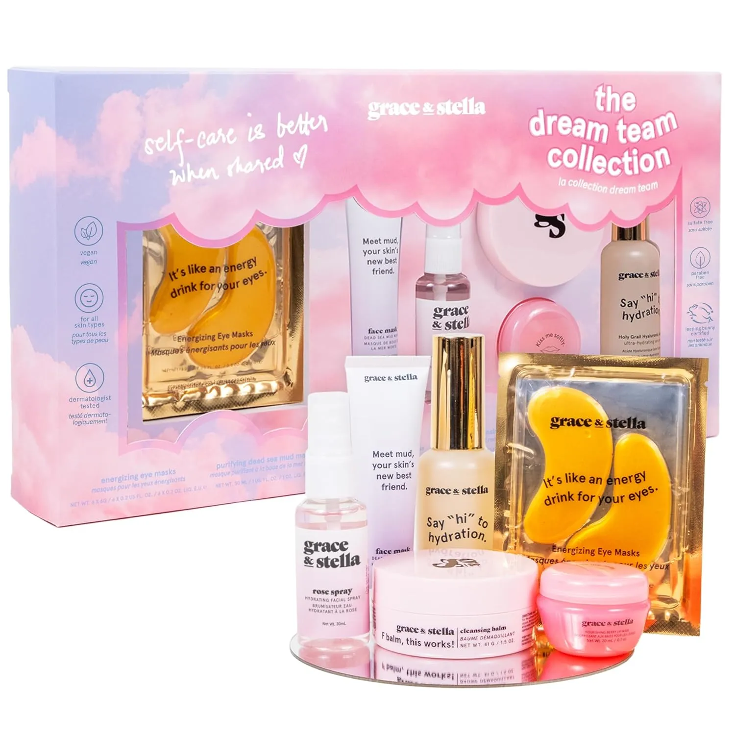 grace & stella Award Mothers Day Gifts for Friends, Gifts for Her - Travel Essentials for Moms with Under Eye Masks, Serum, Cleanser, Lip Balm - Perfect for Anniversary, Birthdays - Vegan Self Care