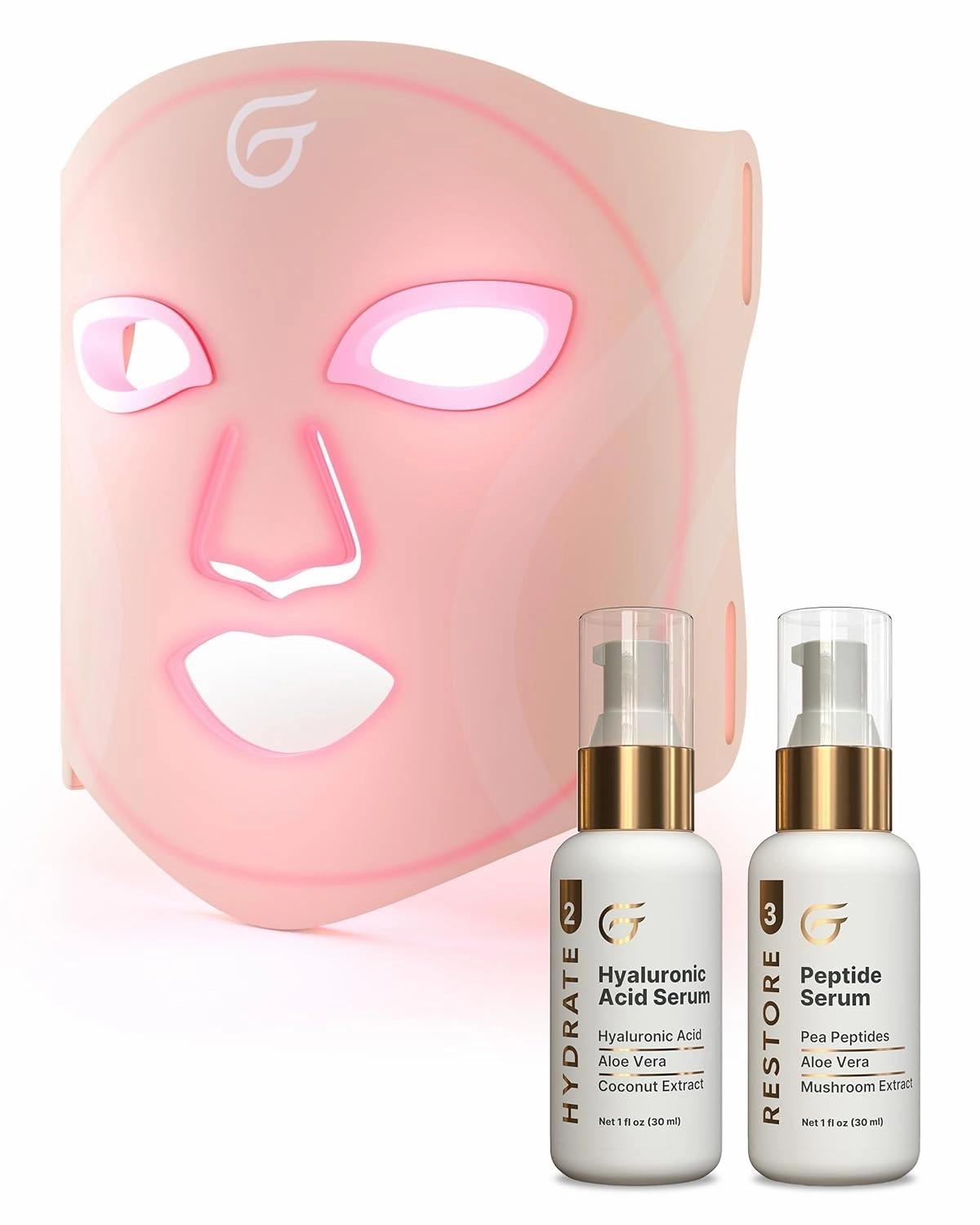 Groomie LED Face Mask, Peptide Serum & Hyaluronic Acid Serum Bundle