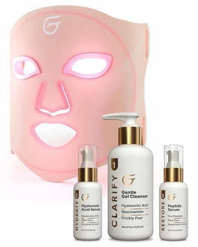 Groomie LED Face Mask, Peptide Serum, Hyaluronic Acid Serum & Facial Cleanser Bundle