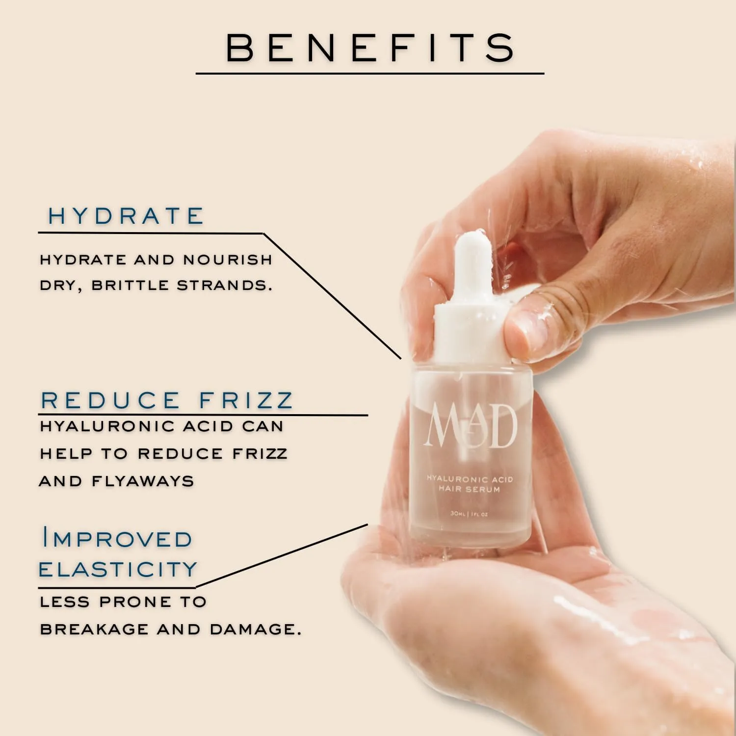Hair Serum with Hyaluronic Acid, Squalane oil, Argan Oil - For Hydration, Improved Elasticity, Enhanced Shine, Reduced Frizz, Strengthen Hair - 1 Fl Oz