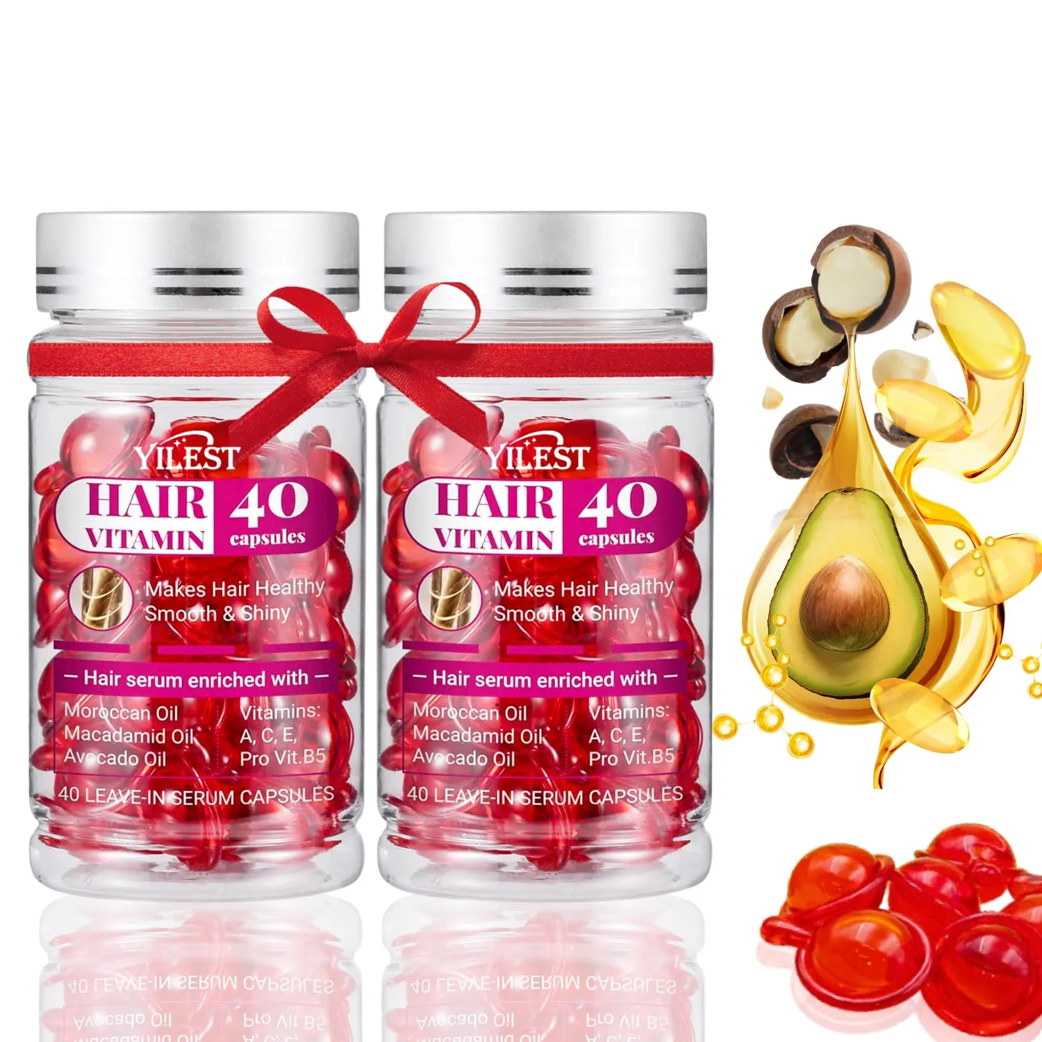 Hair Vitamin Capsules - 40 Leave-in Serum Capsules Enriched with Moroccan Oil, Macadamia Oil, Vitamins A, C, E & Pro Vitamin B5 - for Healthy, Smooth & Shiny Hair (2PCS)
