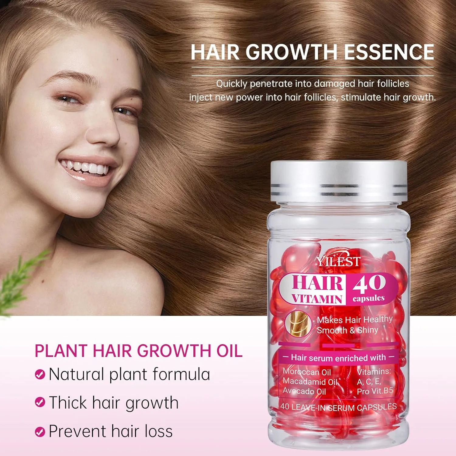 Hair Vitamin Capsules - 40 Leave-in Serum Capsules Enriched with Moroccan Oil, Macadamia Oil, Vitamins A, C, E & Pro Vitamin B5 - for Healthy, Smooth & Shiny Hair (2PCS)