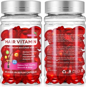 Hair Vitamin Oil 80 Capsule, Hair Treatment Serum, Vitaminas para el Cabello Enriched with Moroccan Macadamia Avocado Oils, Vitamins A C E Pro B5, No Rinse and Safe for All Hair, Red