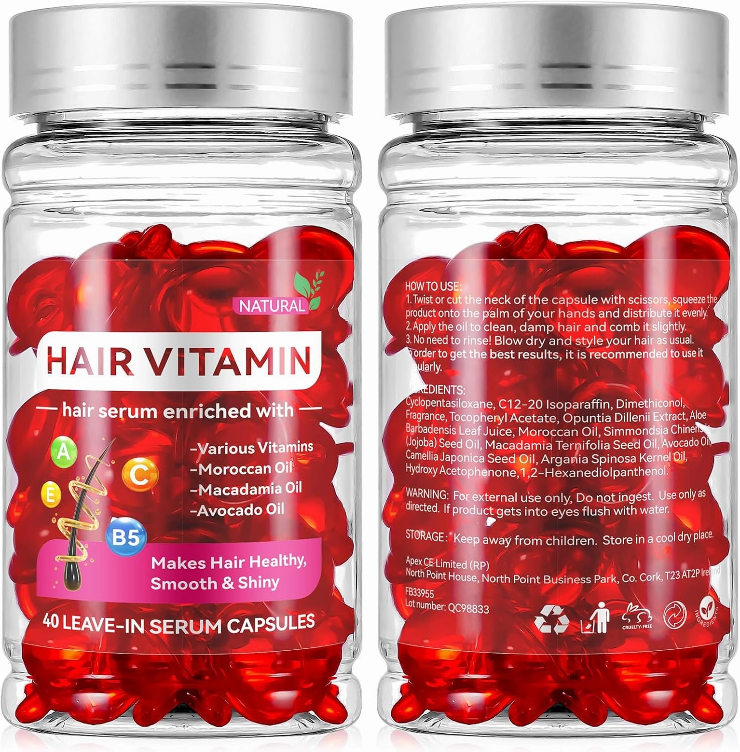 Hair Vitamin Oil 80 Capsule, Hair Treatment Serum, Vitaminas para el Cabello Enriched with Moroccan Macadamia Avocado Oils, Vitamins A C E Pro B5, No Rinse and Safe for All Hair, Red