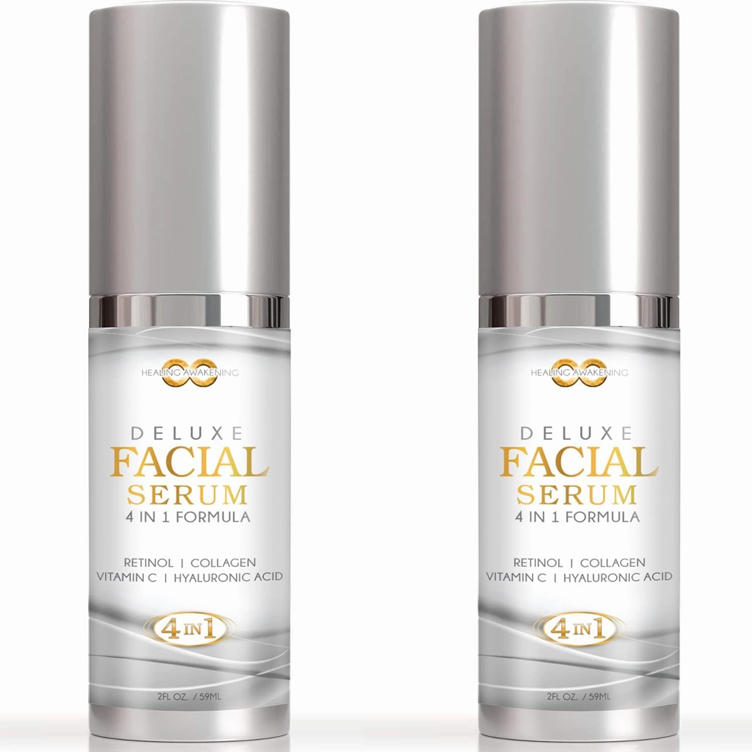Healing Awakening (2 Pack) 4-in-1 Formula Anti Aging Facial Serum, Boosts Collagen, Hyaluronic Acid, Vitamin E, Retinol, Vitamin C (2.0 oz) (2)