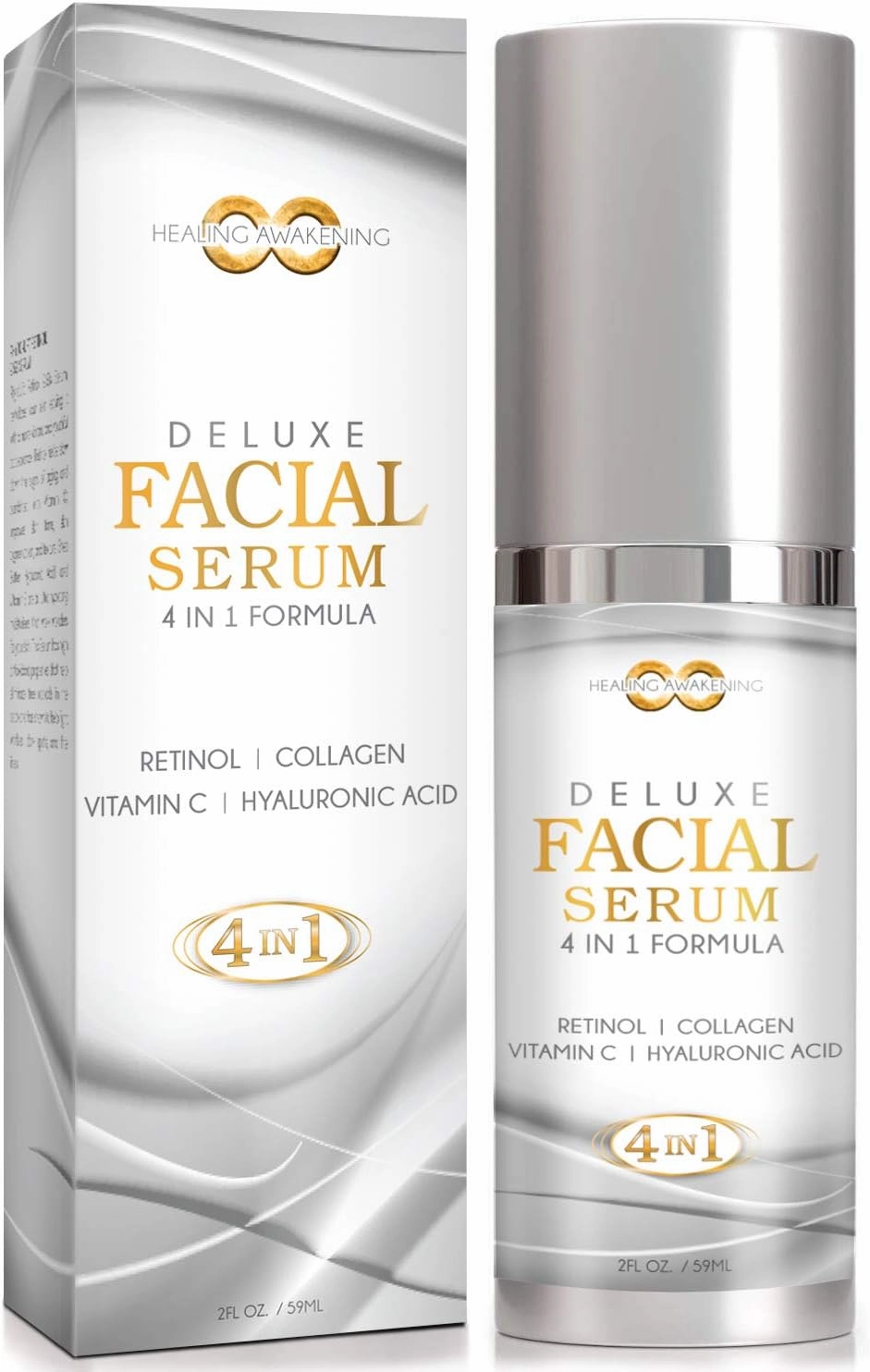 Healing Awakening (2 Pack) 4-in-1 Formula Anti Aging Facial Serum, Boosts Collagen, Hyaluronic Acid, Vitamin E, Retinol, Vitamin C (2.0 oz) (2)