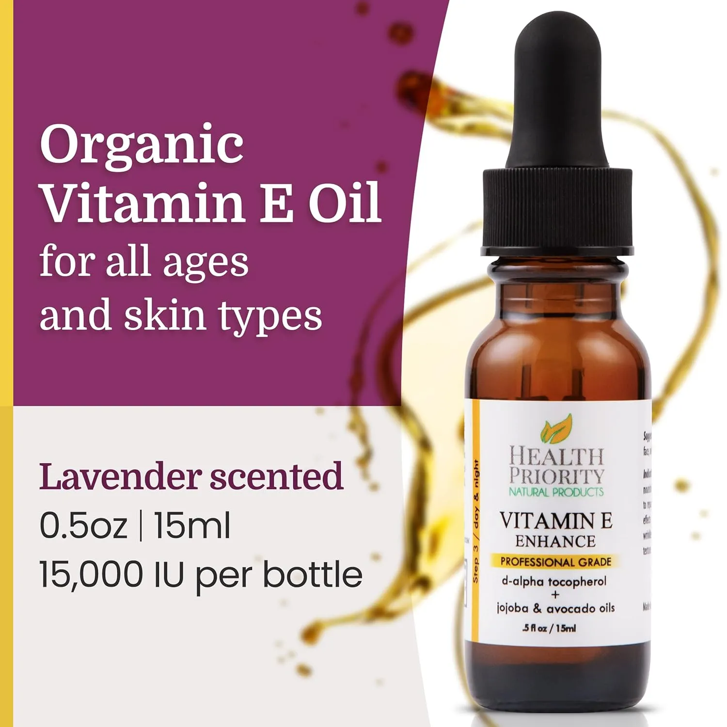 Health Priority Vitamin E Oil - 15,000 IU Vitamin E Serum for Face and Hair - Organic, Handmade - Non-GMO, Gluten-Free, Vegan - Oil for Scars, Wrinkles, Stretch Marks - Scented, 0.5 Fl Oz