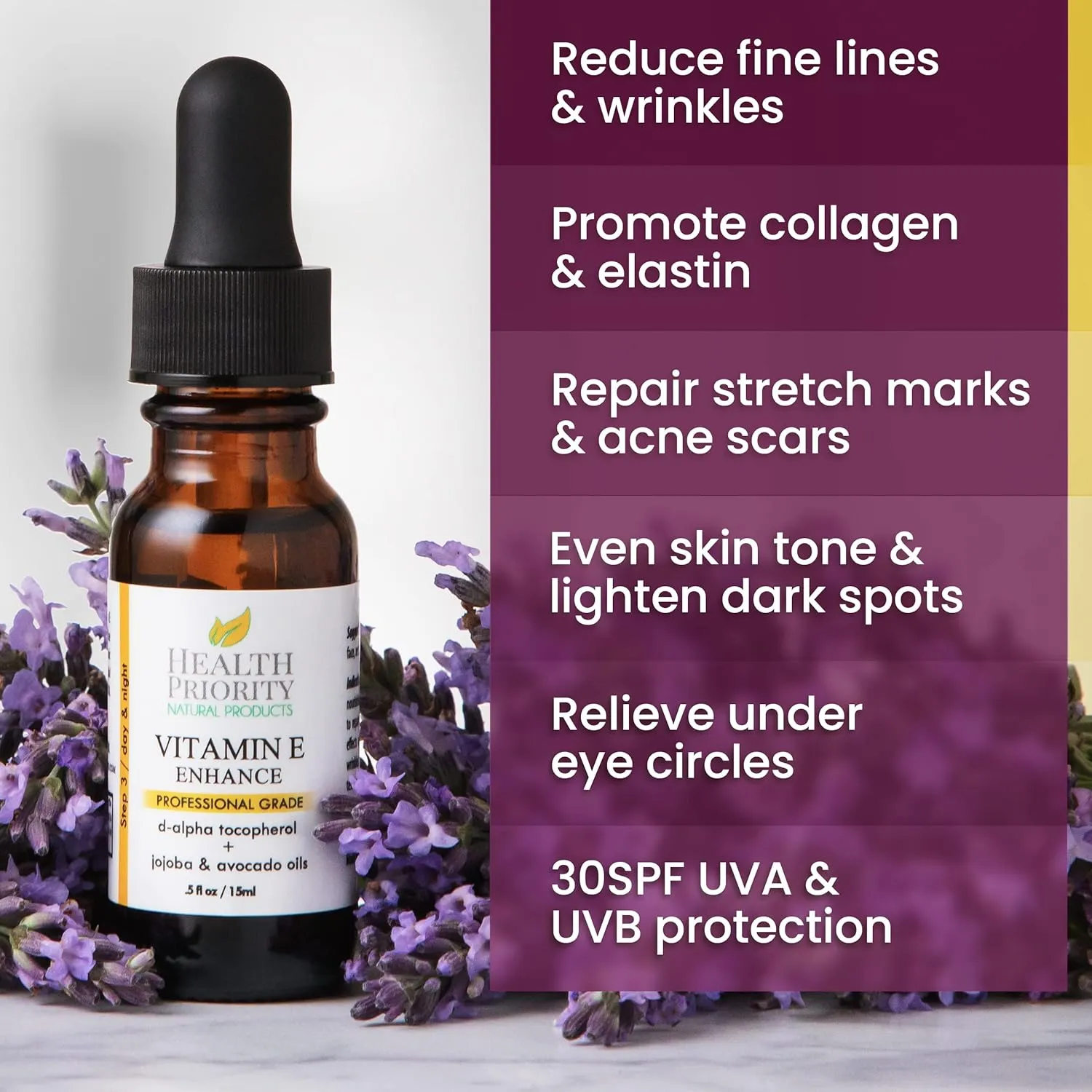 Health Priority Vitamin E Oil - 15,000 IU Vitamin E Serum for Face and Hair - Organic, Handmade - Non-GMO, Gluten-Free, Vegan - Oil for Scars, Wrinkles, Stretch Marks - Scented, 0.5 Fl Oz