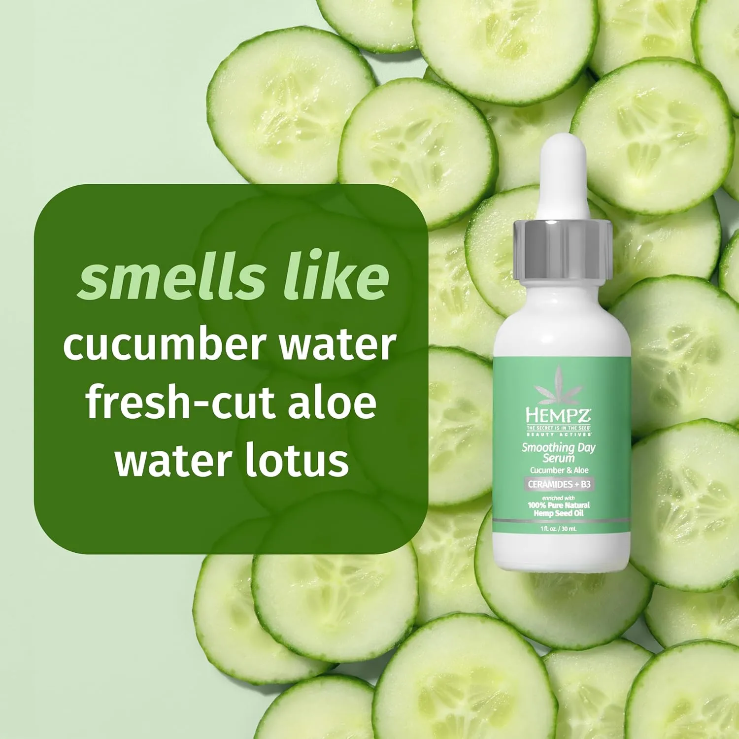 Hempz Cucumber Aloe, Facial Serum, Beauty Actives with Cermanides for dry to normal skin, for men and women, 1oz