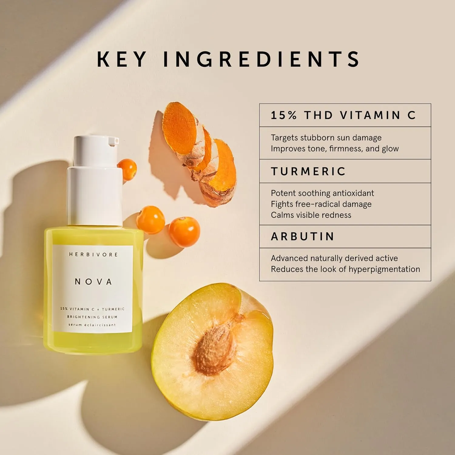 HERBIVORE Nova Brightening Serum for Face – 15% Vitamin C   Turmeric to Visibly Improve the Look of Dark Spots and Even Skin Tone, Plant-based, Vegan, Cruelty-free, 30mL /1 oz