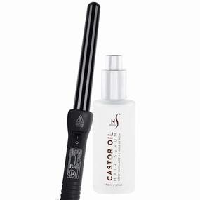HerStyler Castor Oil Hair Serum and Grande Ceramic Curling Iron Set