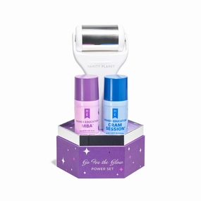 Higher Education Skincare x Vanity Planet GO FOR THE GLOW Brightening Skincare Set with MBA Renewing 0.5% Retinol Serum, CRAM SESSION Moisturizer, and Revive Facial Ice Roller for Under-Eye Puffiness