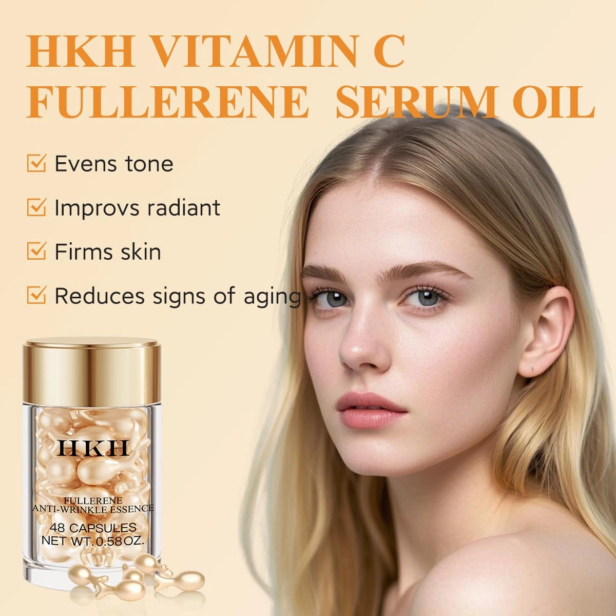 HKH Vitamin C Face Serum Oil Vit C with Vitamin E Anti-Again Serum Capsules, Firming Skin & Reduces Fine Lines, 48 Travel-Friendly Skincare Capsules for Smooth, Moisturized Skin, with Scissors